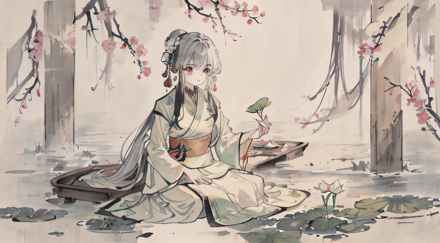 ((4k,masterpiece,best quality)), shuimobysim, Traditional chinese painting, lotuses, Hanfu