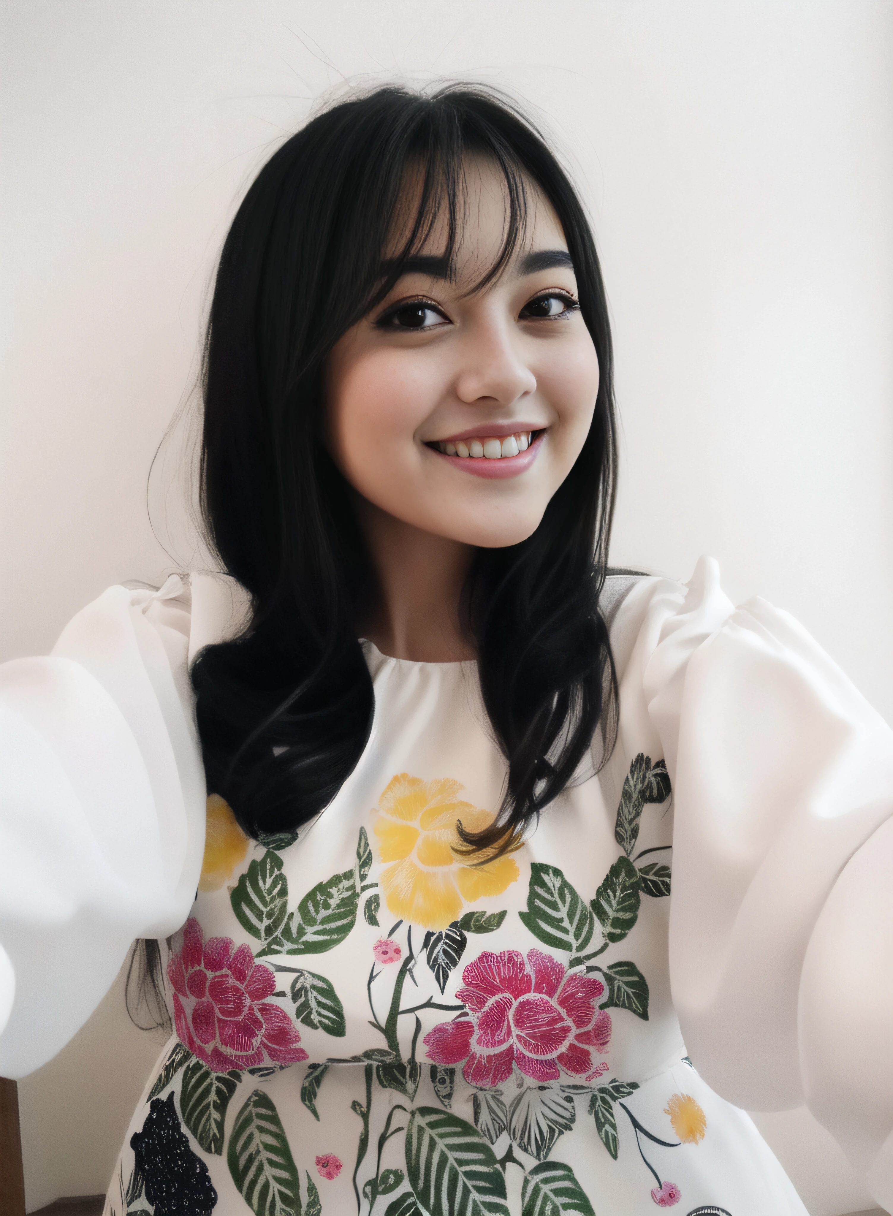 beautiful women selfie in from camera, she wearing white dress with colofull flower pattern, black long hair, beautiful smile, Cartoon, 3D rendering style, upscale, bright color