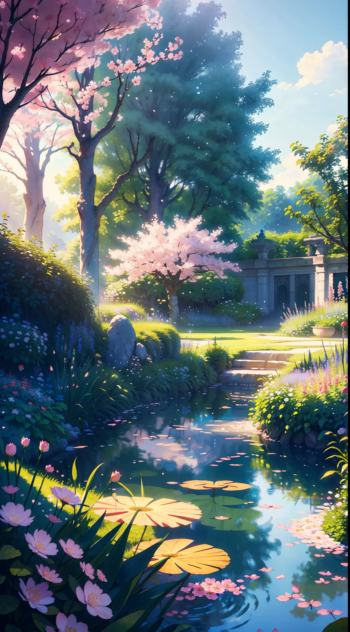 (Illustration:1.3), (secret garden), lush, floral, rose, (cherry blossom trees,botanical), summer morning (light blue)sky, floating cloud, sunlight reflecting on flours and small water river which is flowing through the garden (realistic:1.5), (good shading), good architecture, volumetric lighting, cinematic, fantasy forest garden, (highest quality, award winning, masterpiece:1.5),