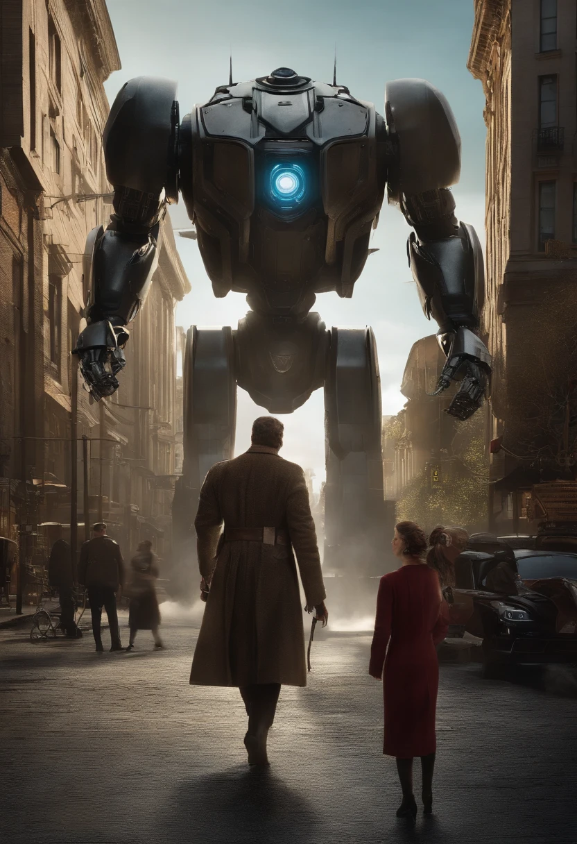Arafed robot standing on a city street with a woman passing by, Directed by: Guillermo del Toro, Filme ainda de Gal Gadot, symmetrical dieselpunk warrior, big titan creature in the center, Directed by: Free Pejic, FilmStill, victorian setting, Directed by: Agustin Fernandez, Rorschach, Dos Vingadores (2012)