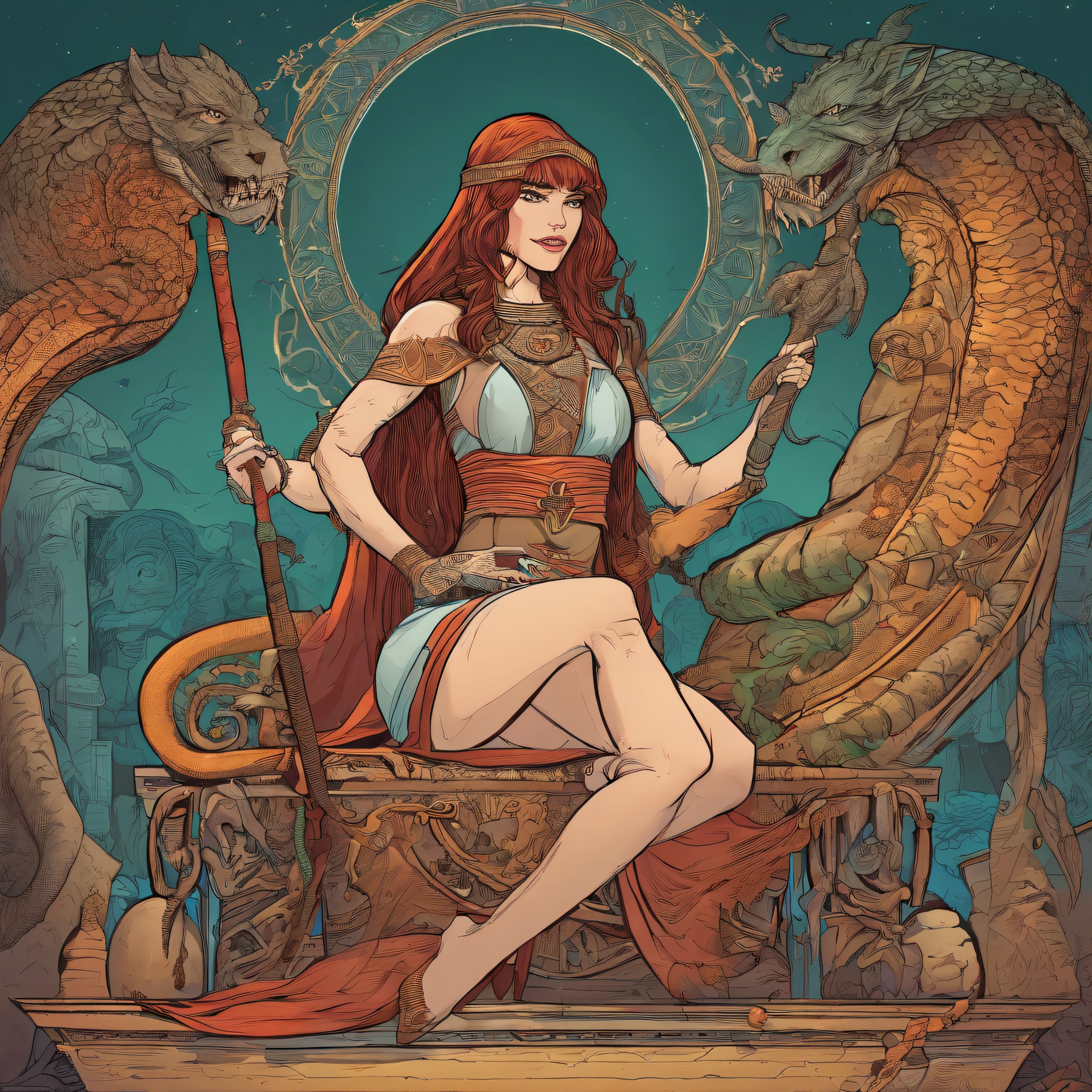 A beautiful  girl, with the Bronze Age, priestess-style, occultist, witch woman, sitting on a throne with a giant serpent, fantasy art