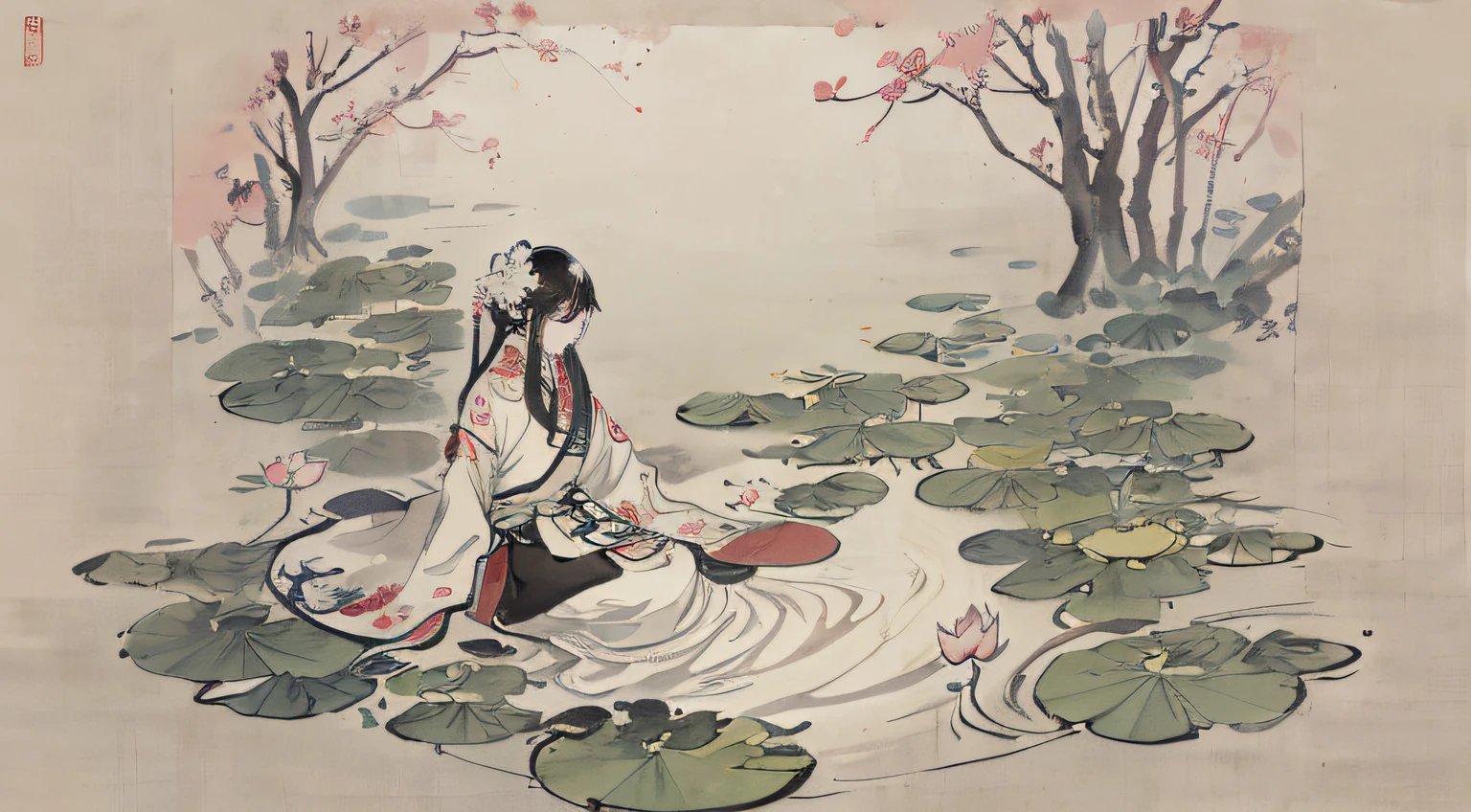 ((4k,masterpiece,best quality)), shuimobysim, Traditional chinese painting, lotuses, Hanfu