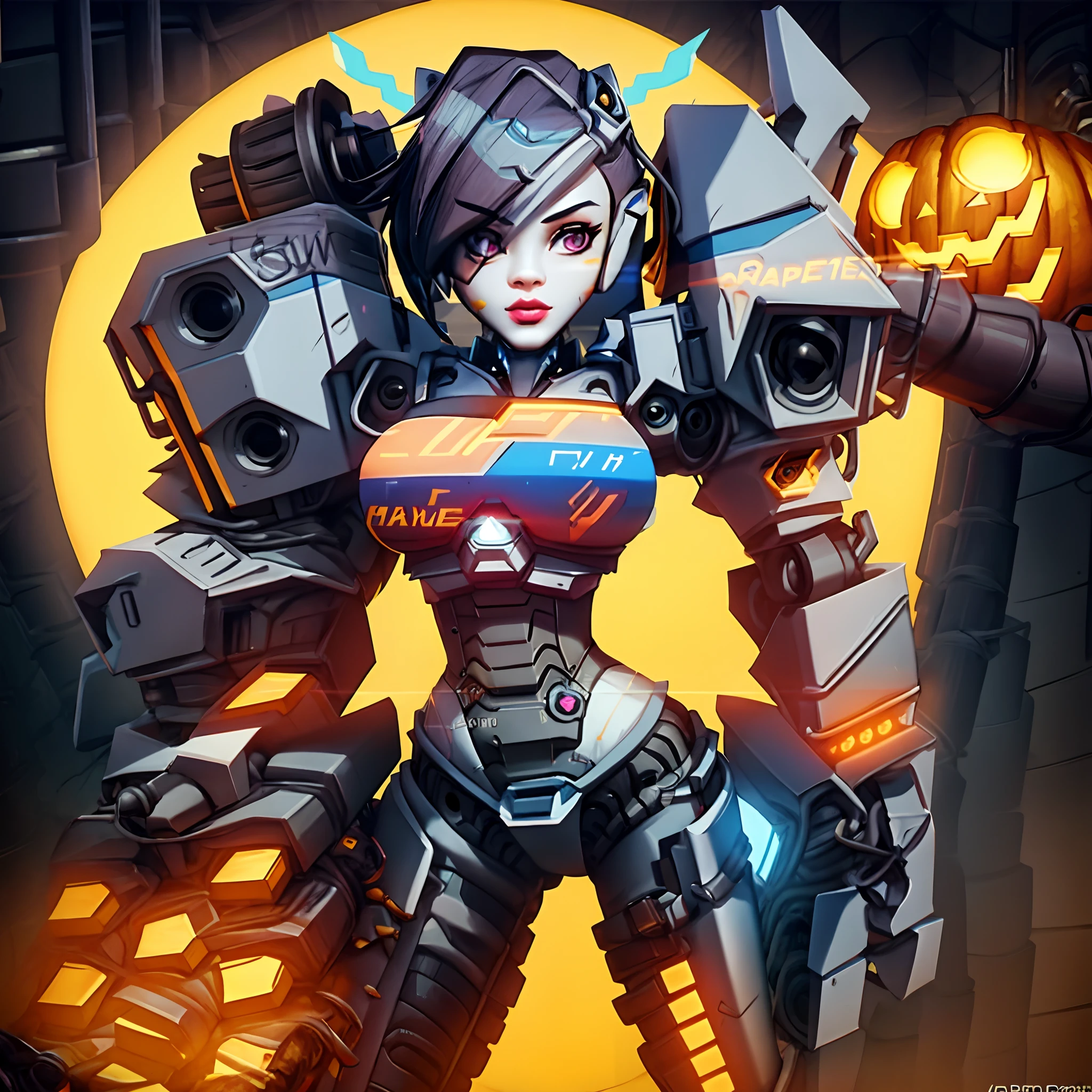 cartoon, toonish style, a close up of a robot with a pumpkin on its arm, girl in mecha cyber armor, cute cyborg girl, echo from overwatch, mechanized witch girl, cyberpunk anime girl mech, halloween art style, as an overwatch character, anime robotic mixed with organic, beautiful robot character design, 3 d render character art 8 k, as overwatch character, from overwatch
