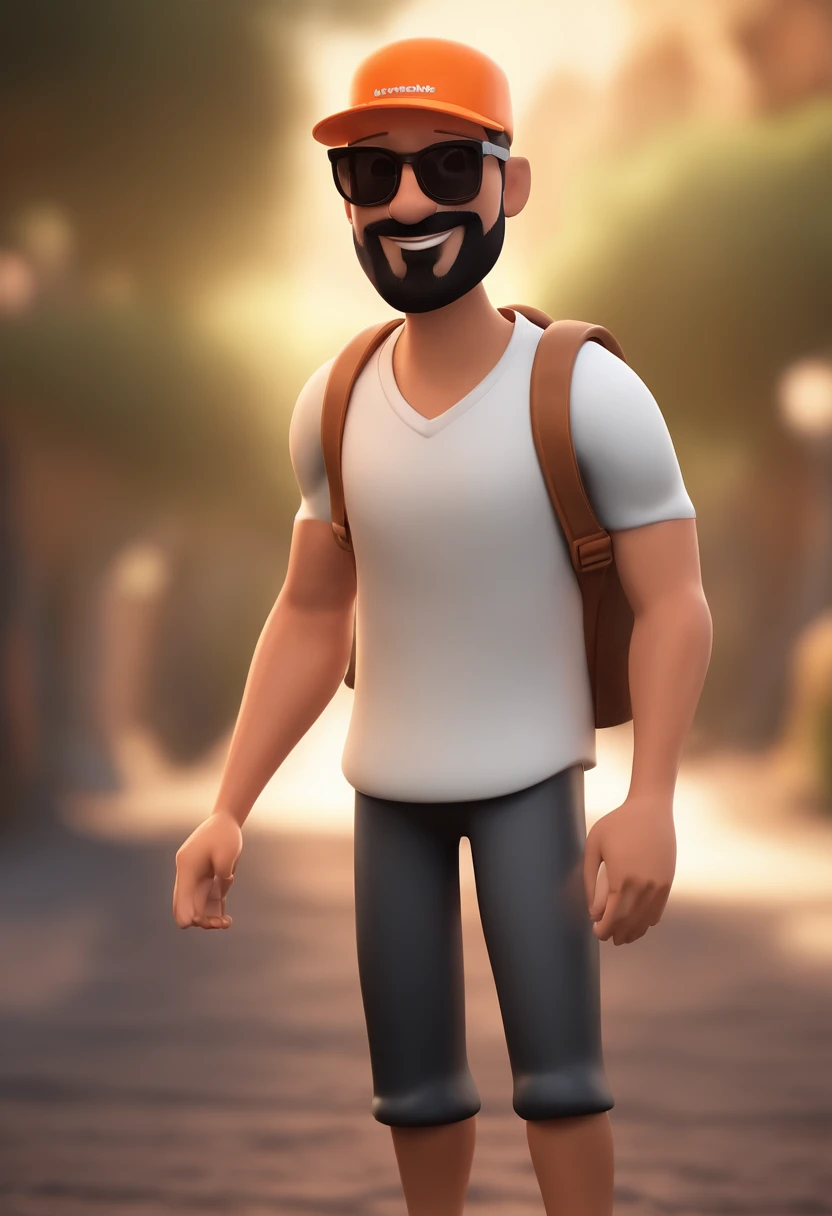 MAKE a Disney Pixar Style Character Style Display Poster "ALMA DISNEY PIXAR "Cartoon of a thinly bearded brunette man wearing black sunglasses and an orange t-shirt, um personagem animado, com roupas de trekking e mochila nas costas, Caractere estilizado, animation style rendering, 3D estilizado, Arnold Maya render, 3 d render stylized, toon render keyshot, Personagem 3D, Personagem 3D, 3d rendering stylized, 3 d character render, personagem de desenho animado, Personagem de close up, Pose de personagem, (Estilo Pixar) (master part:1.2) (Bokeh) (melhor qualidade) (pele detalhada) (textura detalhada) (8k) (argila) (Cinematic lighting) (foco nítido,Senta e vaza a parte superior do corpo