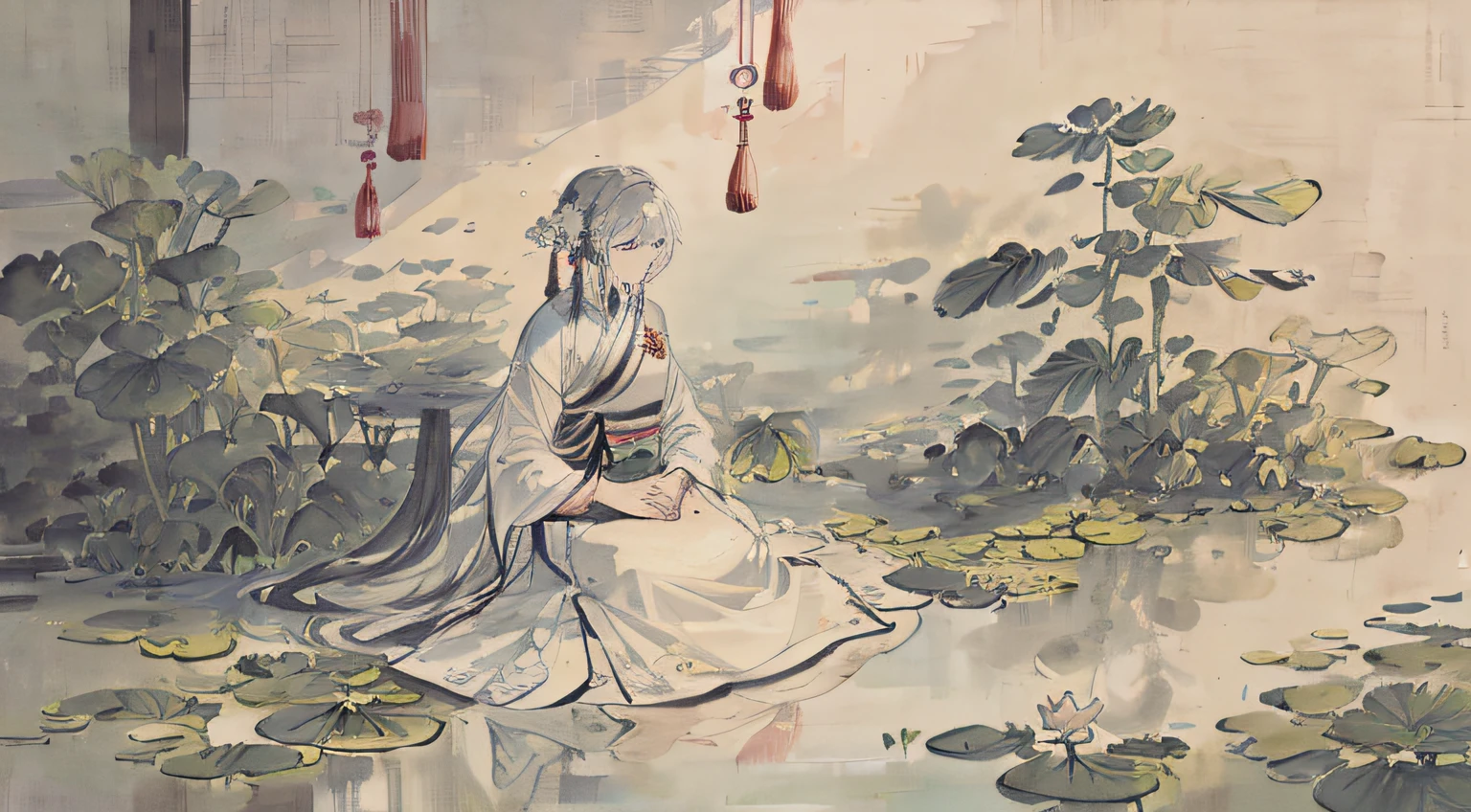 ((4k,masterpiece,best quality)), shuimobysim, Traditional chinese painting, lotuses, Hanfu