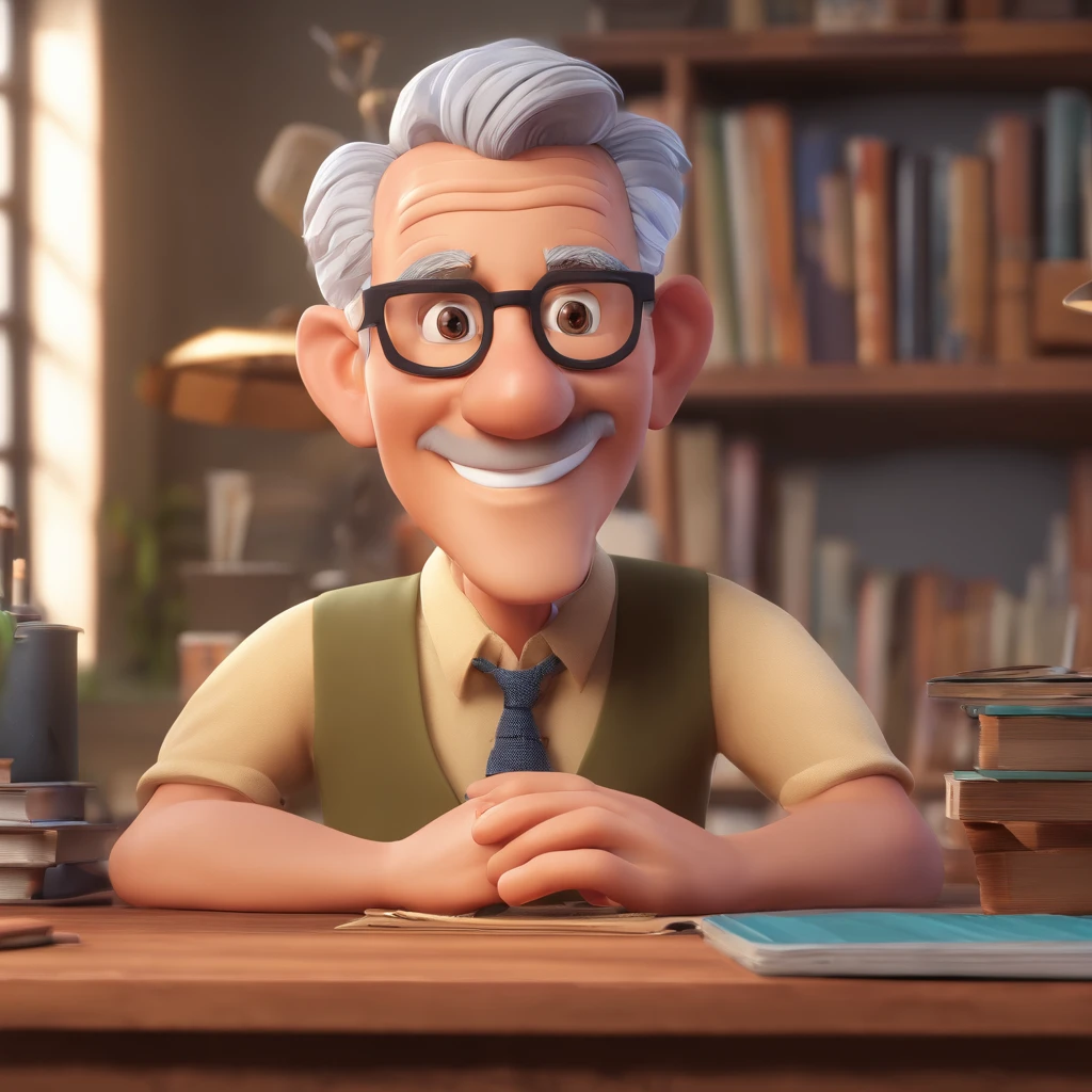 Crie um cartaz inspirado na Disney Pixar com o personagem sendo o pastor Rubens Janier, A gray-haired man wearing glasses, in an office with a Bible on the table