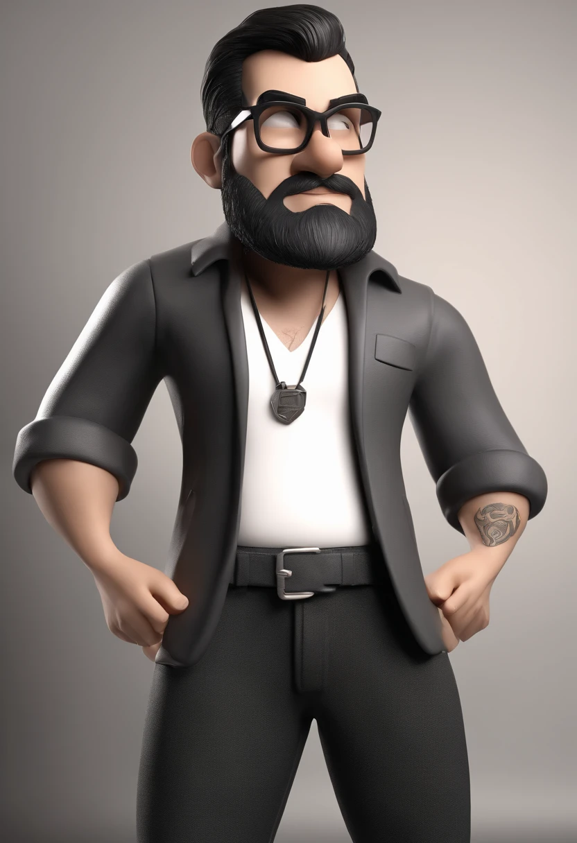 Cartoon character of a man with black glasses and a black polo shirt, cabelo liso, With beard and old school tattoo on his arm, animation character, Caractere estilizado, animation style rendering, 3D estilizado, Arnold Maya render, 3 d render stylized, toon render keyshot, Personagem 3D, Personagem 3D, 3d rendering stylized, 3 d character render, personagem de desenho animado, Personagem de close up, Pose de personagem,  (Estilo Pixar) (master part:1.2) (Bokeh) (best quality) (pele detalhada) (textura detalhada) (8k) (argila) (Cinematic lighting) (foco nítido