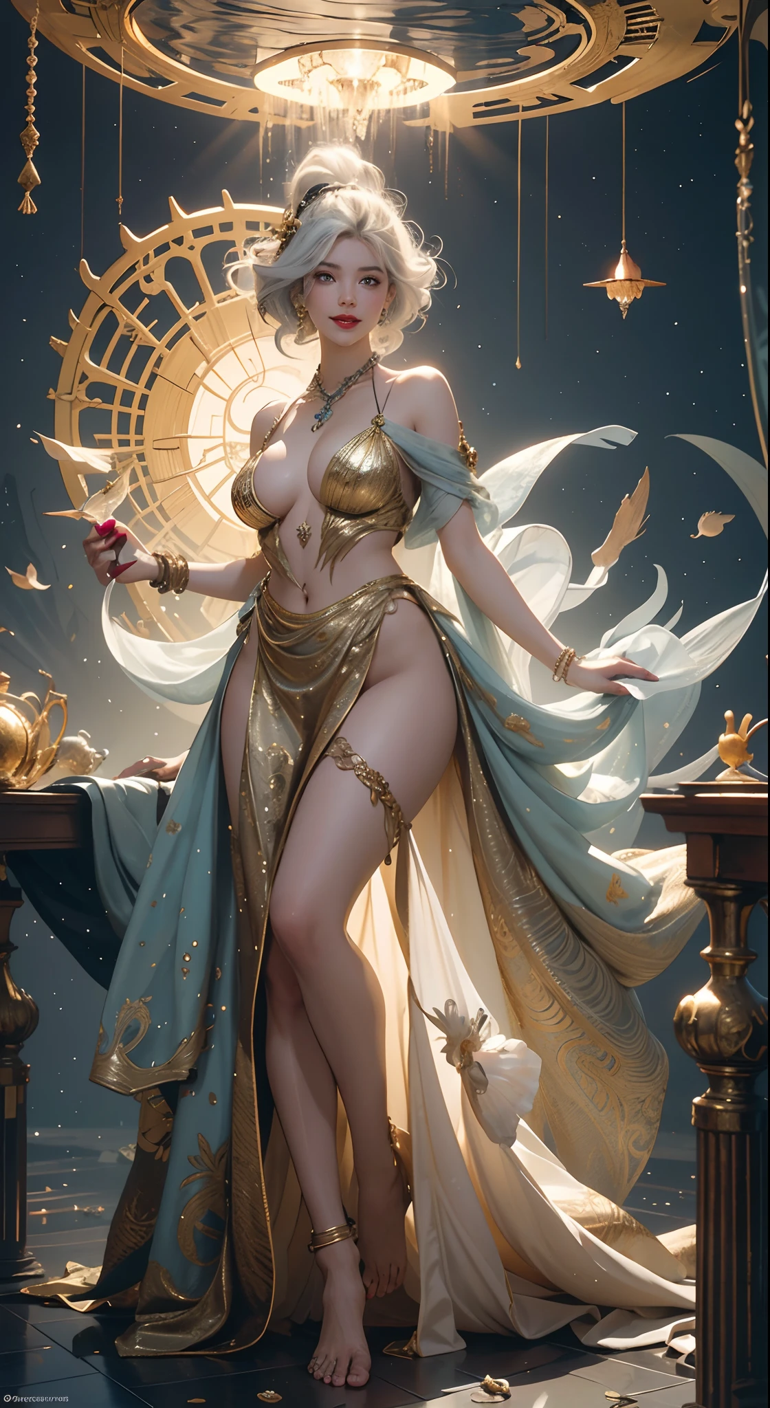 Black Woman Ahegao,Silver hair,A heartwarming smile,Thick lips,Elongated eyes,Charming eyes,(Beautiful and detailed eye description),Snow-whiteskin,mature,Redlip(Very fine and beautiful),ultra - detailed,tmasterpiece,))happy laughing,Open-mouthed,Barefoot,without wearing shoes,In the depths of the ocean,(((tmasterpiece),(Very detailed CG unity 8K wallpaper)),best qualtiy,cinmatic lighting,detailed back ground,Sexy gesture,(Correct face 1.6)(Wearing:Red slip dress,soaked pubic hair,Metal trims,Skirt,),Flowing skirt,expose arms,(Background with:Ruins of Atlantis,),(Beneath your feet:Destroyed buildings,)Deep background,Fantastic and incredible,Epic composition,(Complicated details,Hyper-detailing:1.2),art stations,(tmasterpiece,best qualtiy)surrealism, shadowing, anaglyph, stereograms, angle of view, Cinematic lighting, 8K, Super detail, ccurate, Best quality, A high resolution, Award-Awarded, Anatomically correct,Seafoam, Buble, shells, Fish, pearls,Nautilus,A plant,jelly fish,The corals,Vintage style,(zentangle,datura,Tangles,entangled), (s fractal art: 1.3),holy rays,gold foil,Gold leaf art,glitter drawing,