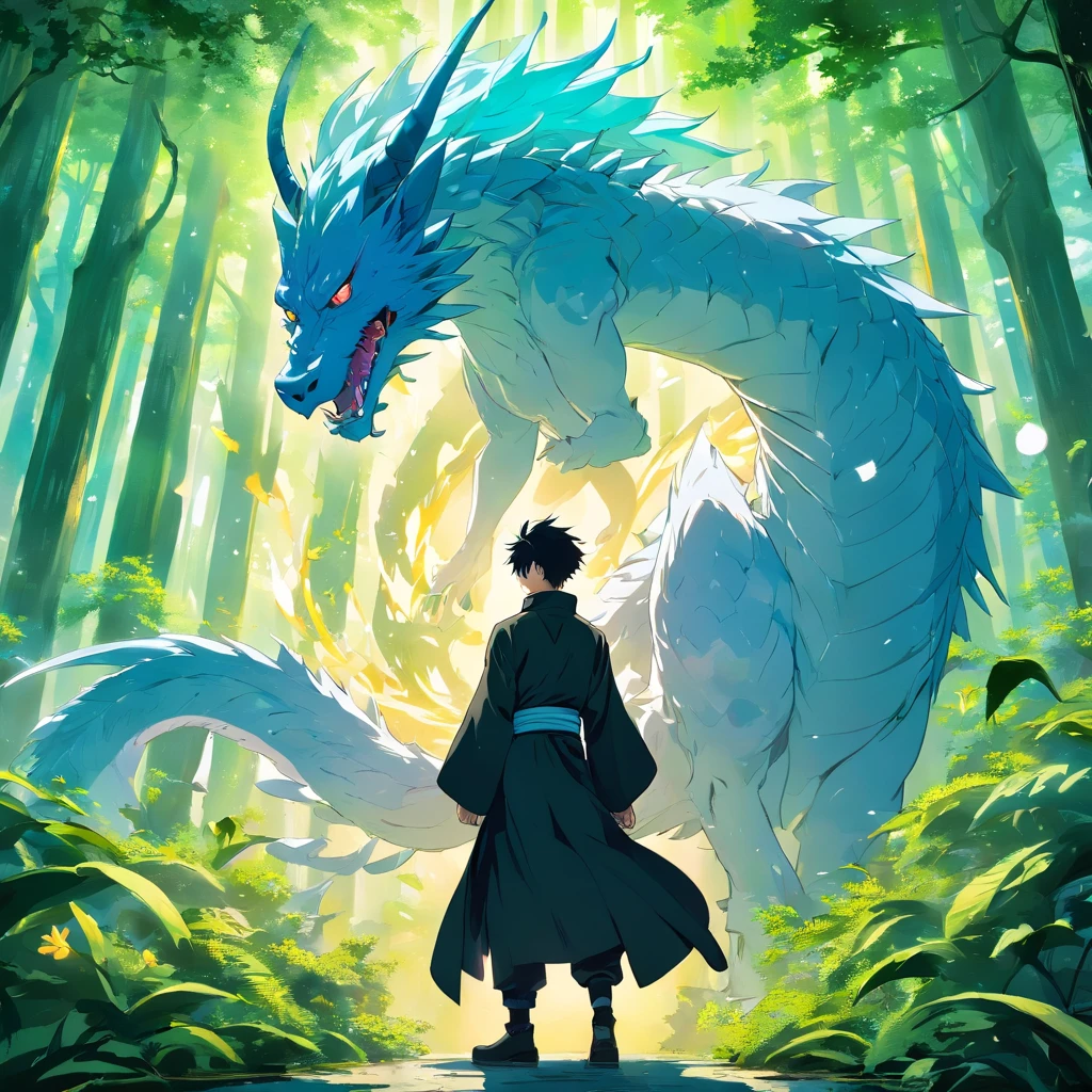 "Generate an intricate and visually captivating illustration of a male character from the 'Jujutsu Kaisen' anime series. The character should have sleek, jet-black hair adorned with striking, electric-blue hair lines, his mesmerizing green eyes exuding an air of mystique. He is dressed in a sleek, all-black attire that conveys a sense of power and enigma.
The character is situated in a lush, mysterious forest with towering trees and vibrant, otherworldly flowers that emit an ethereal glow. In the background, a majestic, white dragon looms, surrounded by an aura of ancient wisdom and magic. The sky above is bathed in golden sunlight, with fluffy, cotton-like clouds adding depth and contrast to the scene.
The overall composition should exude a sense of intrigue and wonder, capturing the essence of 'Jujutsu Kaisen' and the character's enigmatic nature."