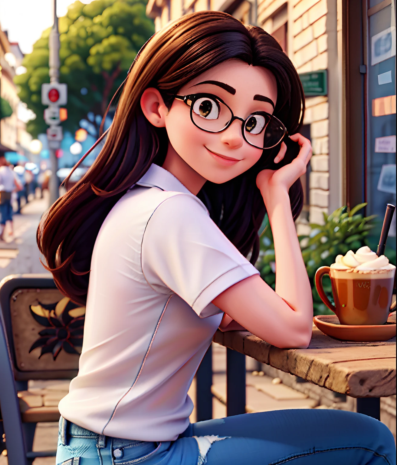 Beautiful Brazilian woman sitting and drinking coffee outside on the side of the street in a small café, beautiful face, Cabelo castanho, crespo, short to the nape of the neck with brown eyes and heavy eyeshadow, square glasses, Wearing jeans and a black polo shirt, grande estilo de moda, looking at you with loving eyes and a soft smile, Background is a European city of the city center, fundo desfocado, profundidade de campo rasa, Cinematic light, luz suave, retroiluminado, micro-detalhes, renderizado, fotorrealista, cinemactic, 85mm 1.4