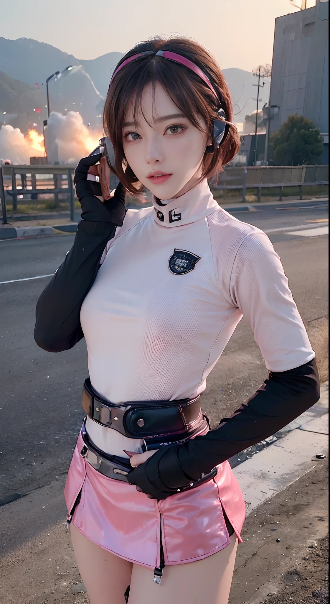 (Top Quality, Ultra High Definition, Photorealistic:1.4), (cowboy shot:1), 1 Beautiful Armed Girl, (Kpop Idol), Detailed Face, (Hair Style: Pink:1, fullbang, shortbob-style:1), Contrapposto, Perfect Anatomy, Smooth Skin, Professional Lighting, ((wearing Futuristic Police Racing Suits, low-mini-skirt, police wappen, High-tech Headset, military waist harness and gun-holder, racing gloves, transceiver, handgun)), (Cloths colors based on silver pink black white), (background, crashed cars, fire, (Explosion)),