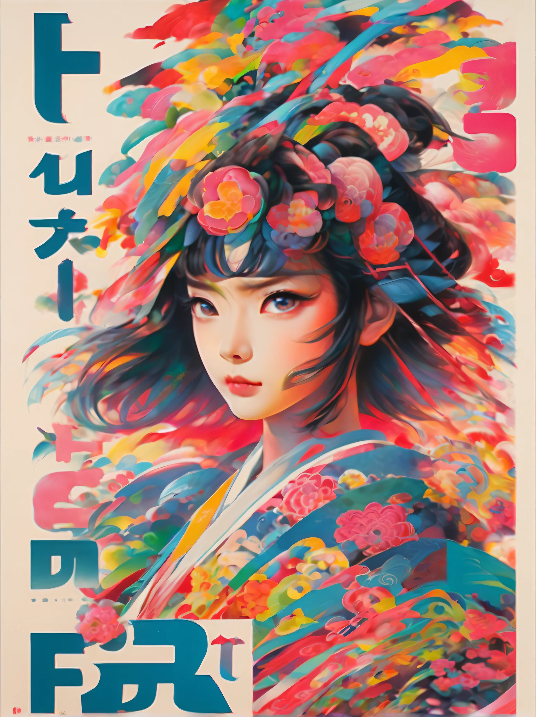American, Colorful Movie poster, there is a text that says "FUTA-NARI" in alphabet, created with passion, a portrait beautiful japanese girl with beautiful eyes as main focus