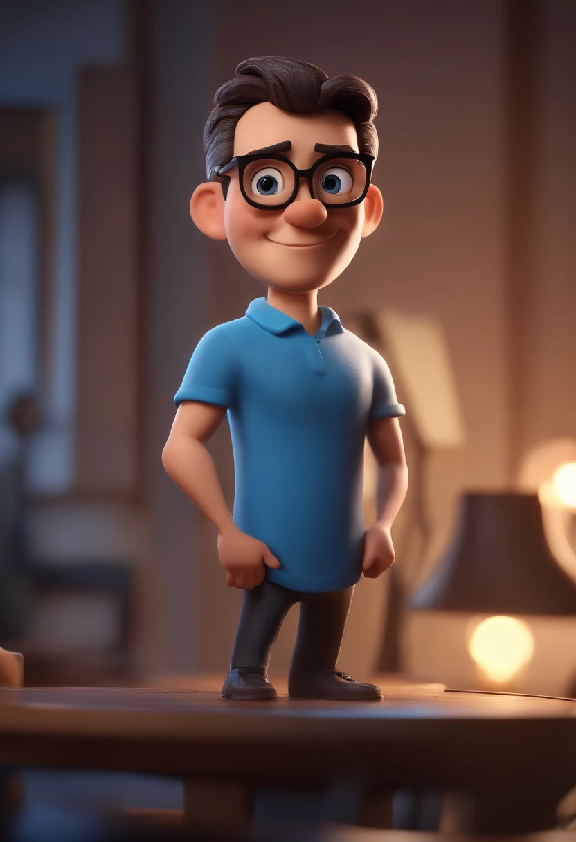 Cartoon character of a man with black glasses and a blue shirt, animation character, Caractere estilizado, animation style rendering, 3D estilizado, Arnold Maya render, 3 d render stylized, toon render keyshot, Personagem 3D, Personagem 3D, 3d rendering stylized, 3 d character render, personagem de desenho animado, Personagem de close up, Pose de personagem, (Estilo Pixar) (master part:1.2) (Bokeh) (best quality) (pele detalhada) (textura detalhada) (8k) (argila) (Cinematic lighting) (foco nítido