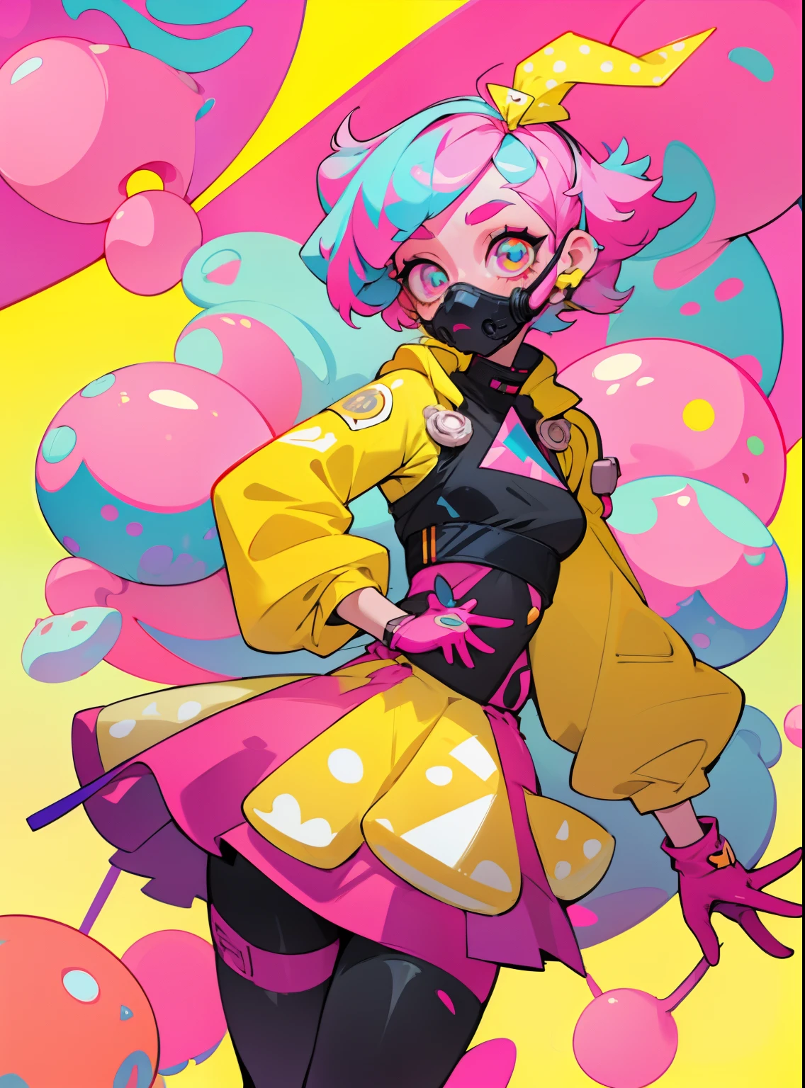 kpop girl with short nice fadecut pink hair, colorful glowing gass mask, lots of shapes attatched everywhere, random shapes mostly triangle, yellow skirt with polcadots, red gloves, and an 2 antena headband