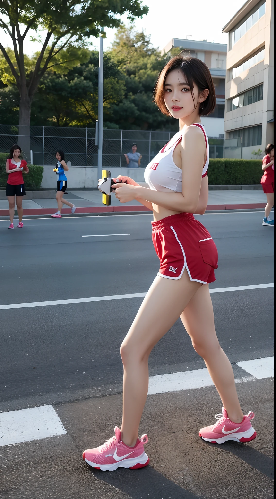 Two young Asian women running in an ekiden race、Full Marathon、Women's Ekiden、runner、Young female runners of Ekiden lined up in colorful sneakers on the street、Rear view、backs、Shot from a distance、serious facial expression、Race footage、 8K、Marathon uniforms、Red shorts and a top with bib number、marason、medium distance shot、summer olympics footage、short-hair、short hair、olympics footage、Marathon、olympics footage、Photographing a woman from a little distance、long legged、An ultra-high picture quality、A TV camera crew is far away、ultra-quality、Detailed texture、Inspiring photos、​masterpiece、masterwork、Very very cute face、asian female、large full breasts、Very very cute face、a beauty girl、Light brown-beige hair、Big breasts that seem to pop、Asians who resemble Dakota Rose, who is said to be a real Barbie doll, Amazing cute face, Big impressive eyes、Deep Face of Digging、18year old、Very cute woman、魅惑的、Huge breasts、enticing、 a beauty girl、Adorable face、Phenomenal good looks, model with attractive body、Toned and slim body、Young Korean Woman、hight resolution、1080p、beautiful and delicate face、Delicat eyes、Double crisp eyes、a smile、Bright natural light、hight resolution、large breast bulge、8K、top-quality、​masterpiece、clearface、huge tit
