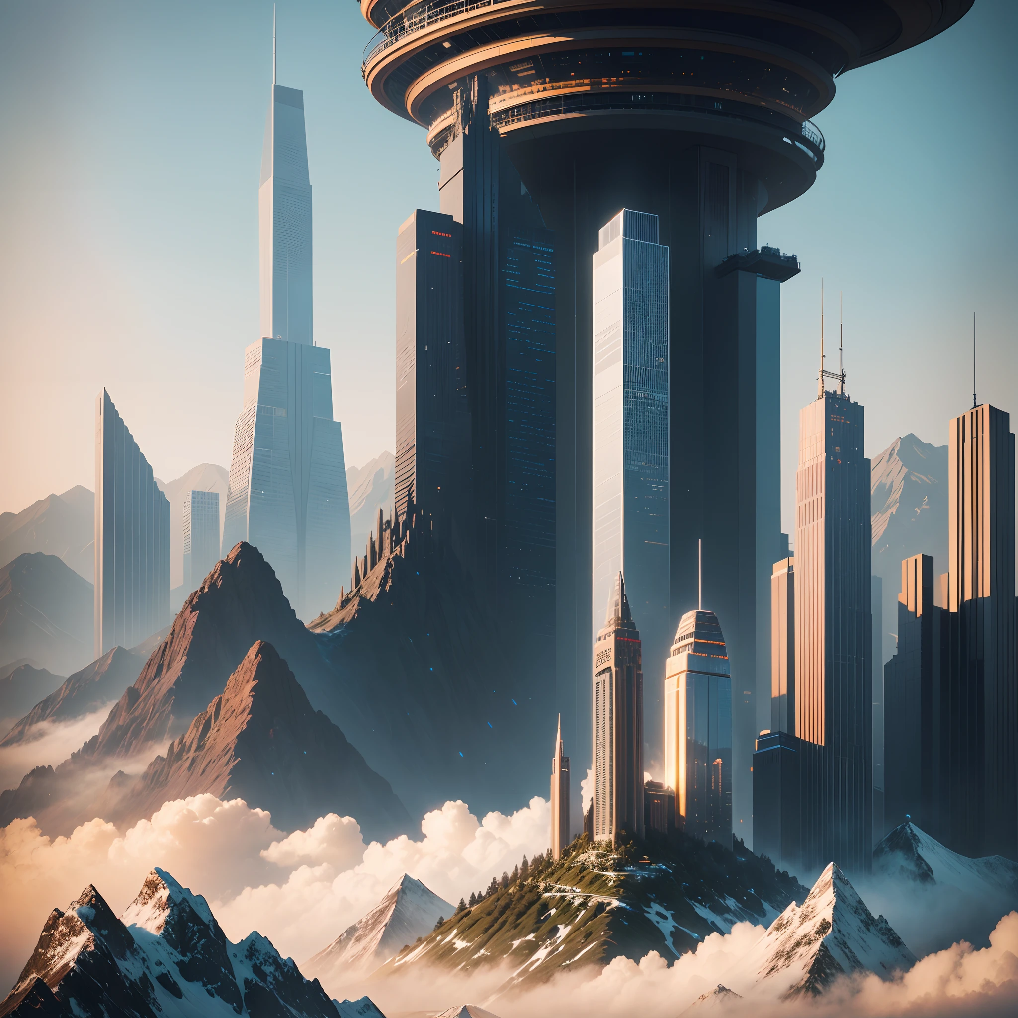 Huge mountain,Skyscrapers,masterpiece,cyberpunked,50 times the height of the building,超A high resolution,planet earth,Best Quality,The skyline of the future,epcot,A building far beyond the imagination of mankind,SFart by,Megacities