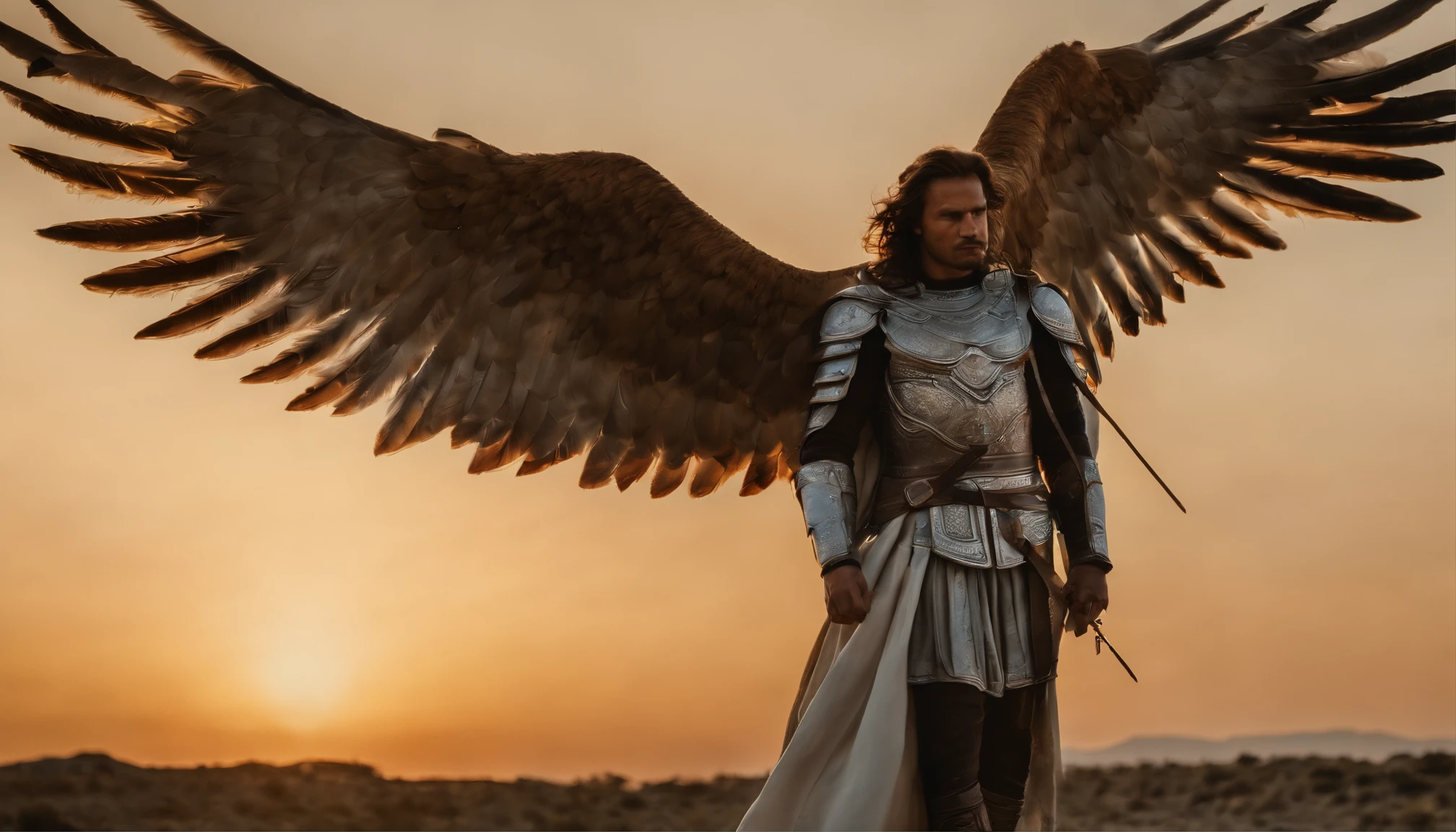 un personaje masculino, Archangel Michael, Imagen celeste, Detalles intrincados, realista, Beige y alas grandes, Fondo celeste, Catholic illustrative image of Archangel Michael, Personaje masculino de la Biblia, Michael lleva su armadura angelical, Maximum details and her STRONG face and angelic wings, Piel realista perfecta, Maximum image quality, Miguel se destaca en la imagen con colores fuertes y llamativos.