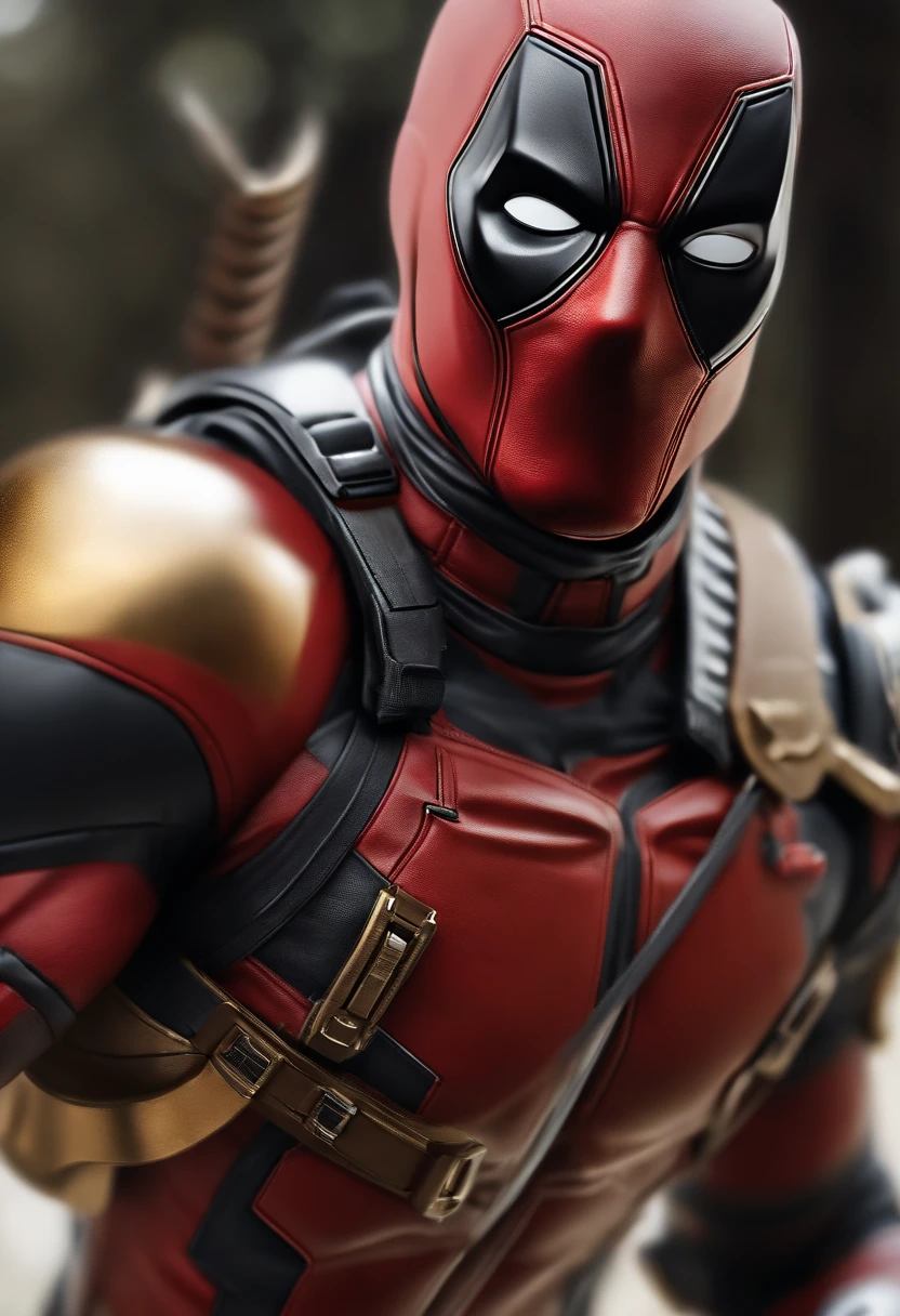 A deadpool, real gold white with titanium cybernetic suit, detalhado, designe perfeito, alta qualidade arestas perfeitas e simmetricas ::n_desenho de estilo, low quality defect, boneco, game, anime