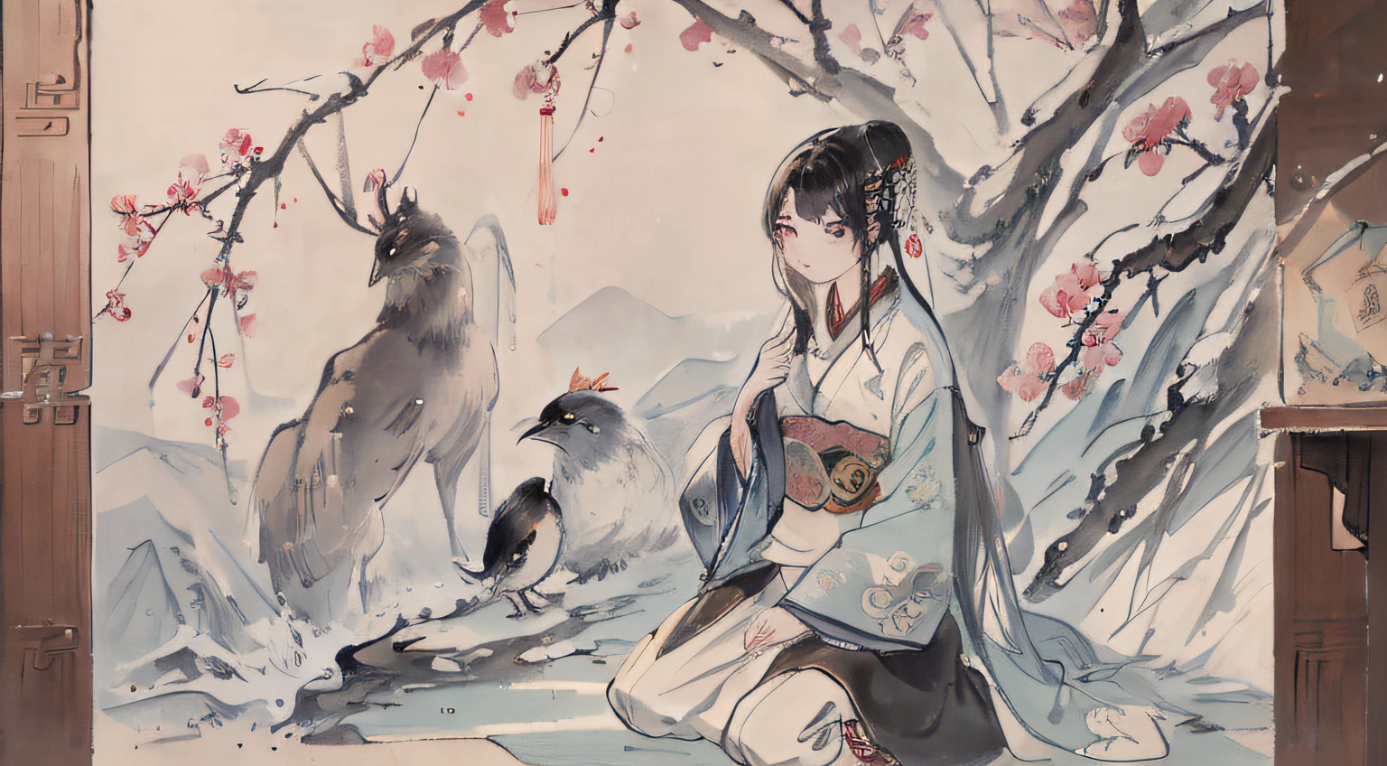 super fine illustration, highest quality, theme: "The sadness of adults who have forgotten how to cry" A work based on Kiji's tanka; A beautiful girl wearing a costume inspired by a pheasant, Capturing the emotional essence of tanka; Calm atmosphere, The shadows of adults surrounding the girl, convey a feeling of melancholy; A girl's silent expression replaces tears, Create mind-blowing and evocative visual expressions.