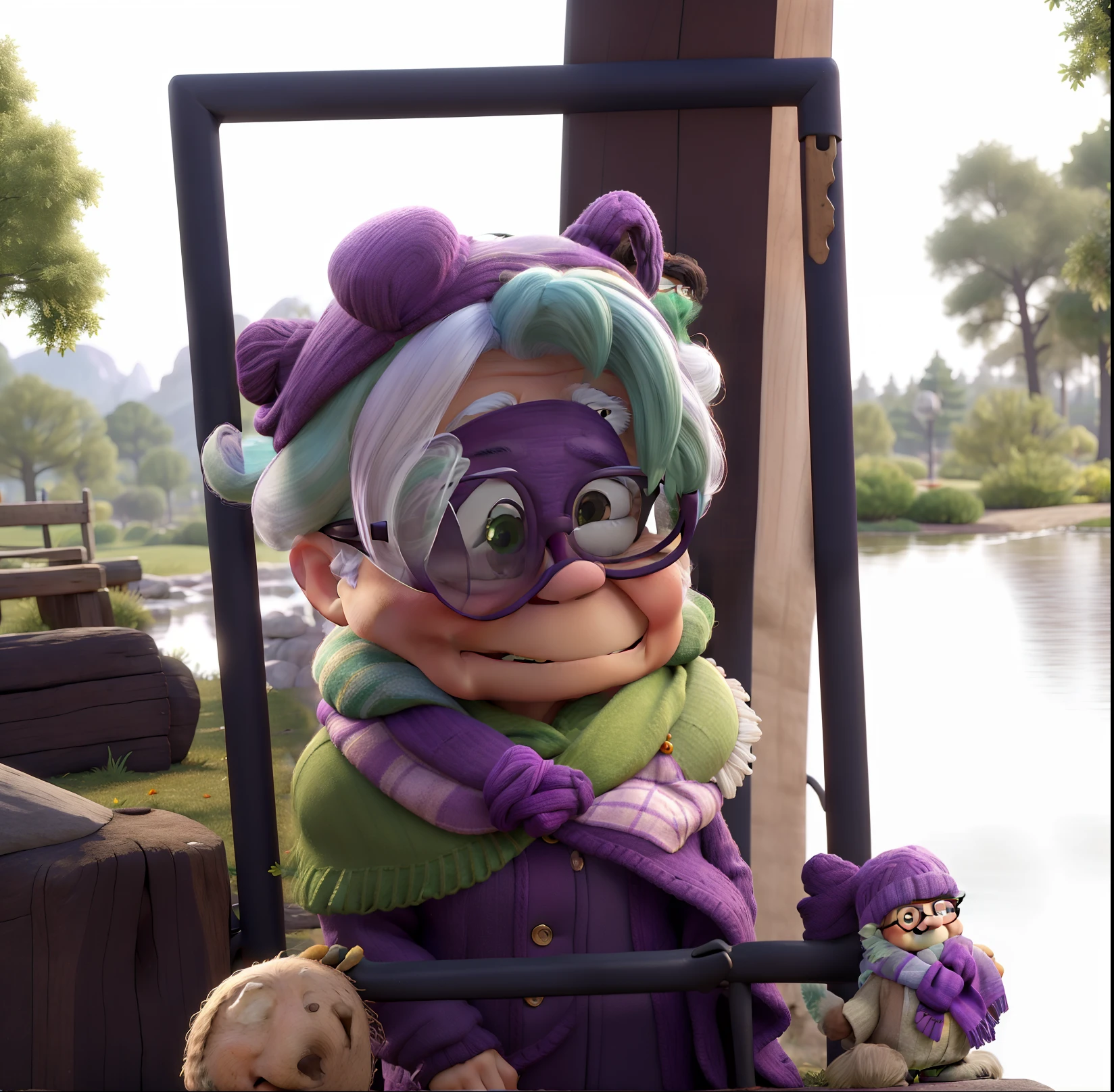 masterpiece, best quality, an old woman with glasses and a scarf on, wearing a purple coat and green scarf, standing at the park