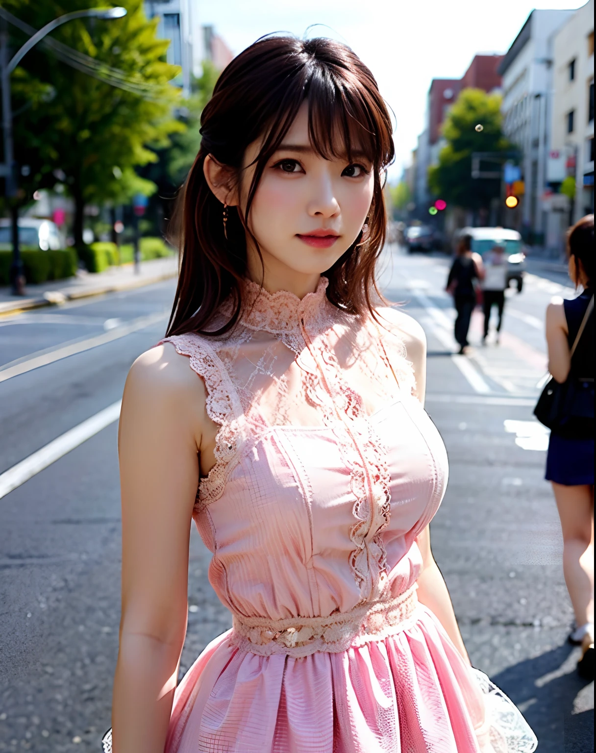 a woman posing on the street corner with pink dress on, best quality, high res, 8k, 1girl, (huge breasts), day, bright, outdoor, (street:0.8), (people, crowds:1), (lace-trimmed dress:1.5, pink clothes:1.5, pink high-neck dress:1.5, sleeveless dress, pink dress: 1.5), gorgeous, (medium hair), beautiful detailed sky, beautiful earrings, (dynamic pose:0.8), (upper body:1.2), soft lighting, wind, shiny skin, looking at viewer,