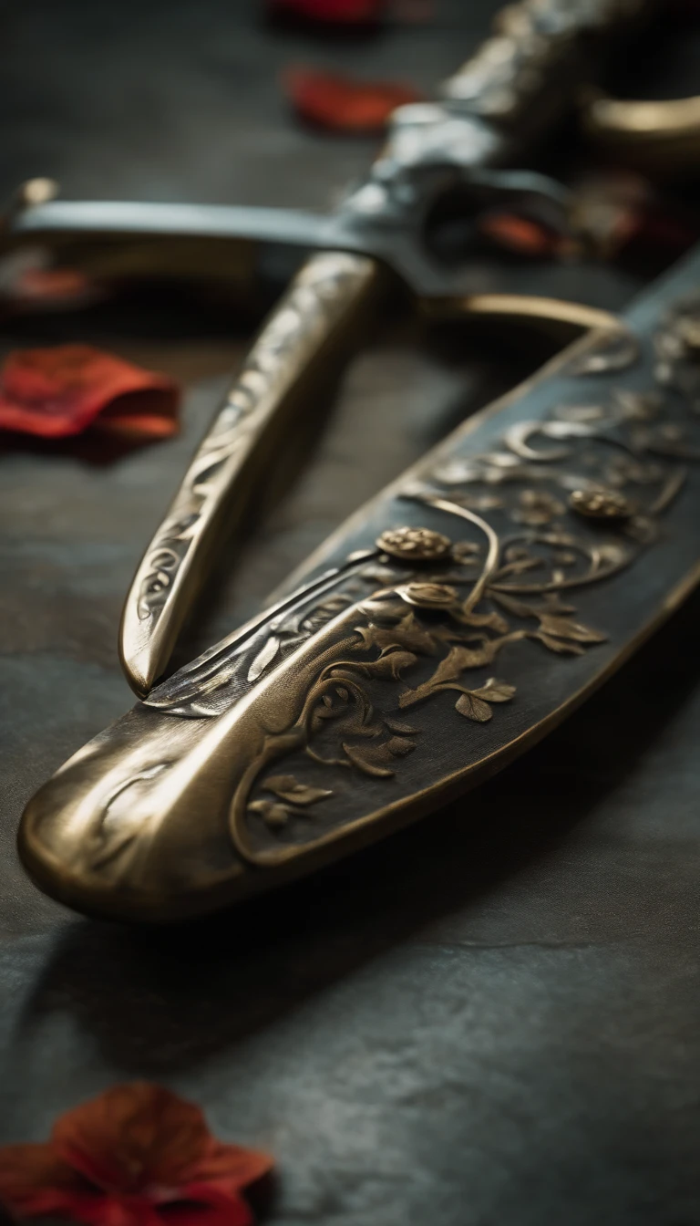 (Destacado、profissional、surreal)、espada detalhada, Espada longa, Duan Ping, metal texture, lying on floor