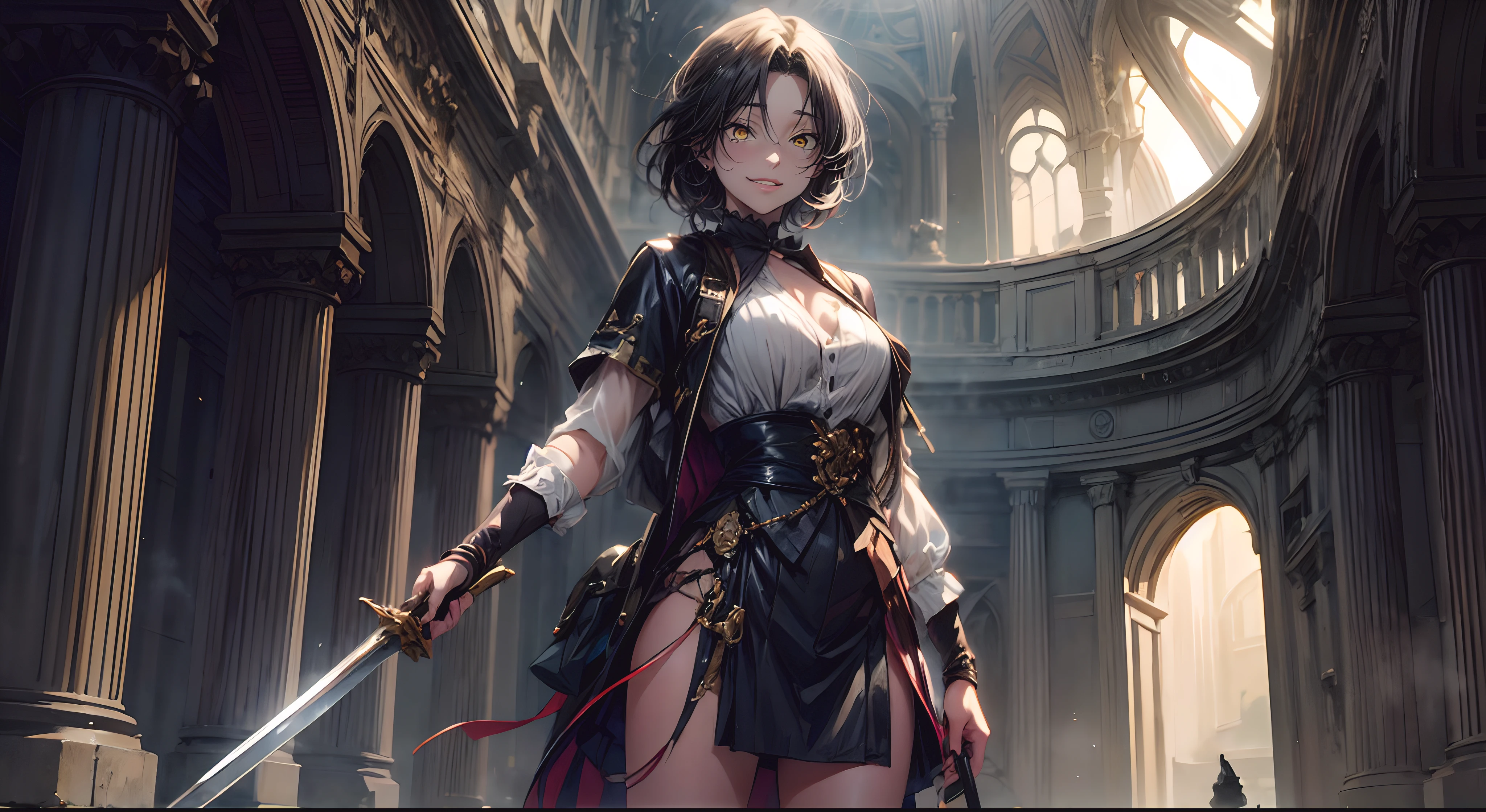 best quality,3D rendering,ultra-detailed,realistic,photorealistic,professional,fantasy,portrait,green eyes,short hair,mature female,sagging breast,long hair, black hair,skirt,closed mouth,standing,solo,holding sword,weapon, "glow effects, godrays, Hand drawn, render, 8k, octane render, cinema 4d, blender, dark, atmospheric 4k ultra detailed, cinematic, Sharp focus, big depth of field, Masterpiece, colors, 3d octane render, 4k, concept art, trending on artstation, hyperrealistic, Vivid colors, extremely detailed CG unity 8k wallpaper, trending on CGSociety, Intricate, High Detail, dramatic", anime coloring, anime screencap, sweating, steaming body, fog