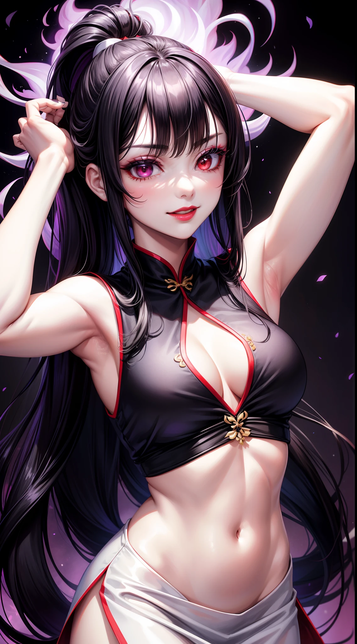 Grown-up girl, long black hair with white strands, high ponytail, red eyes, purple lipstick, white Chinese dress, sleeveless, open breasts, open belly, smirk, purple flame, Masterpiece, high quality, 4k, HD, Good detail