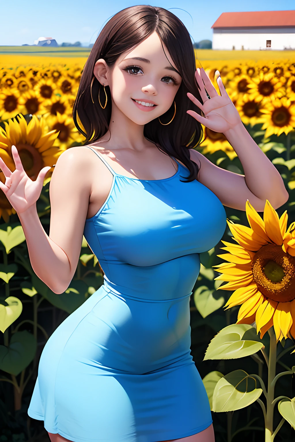 Jenna Ortega, 18 years old, in a sun dress, in a sunflower field, tight dress, blue dress, sunny day, barn in background, big breasts, happy face, waving,