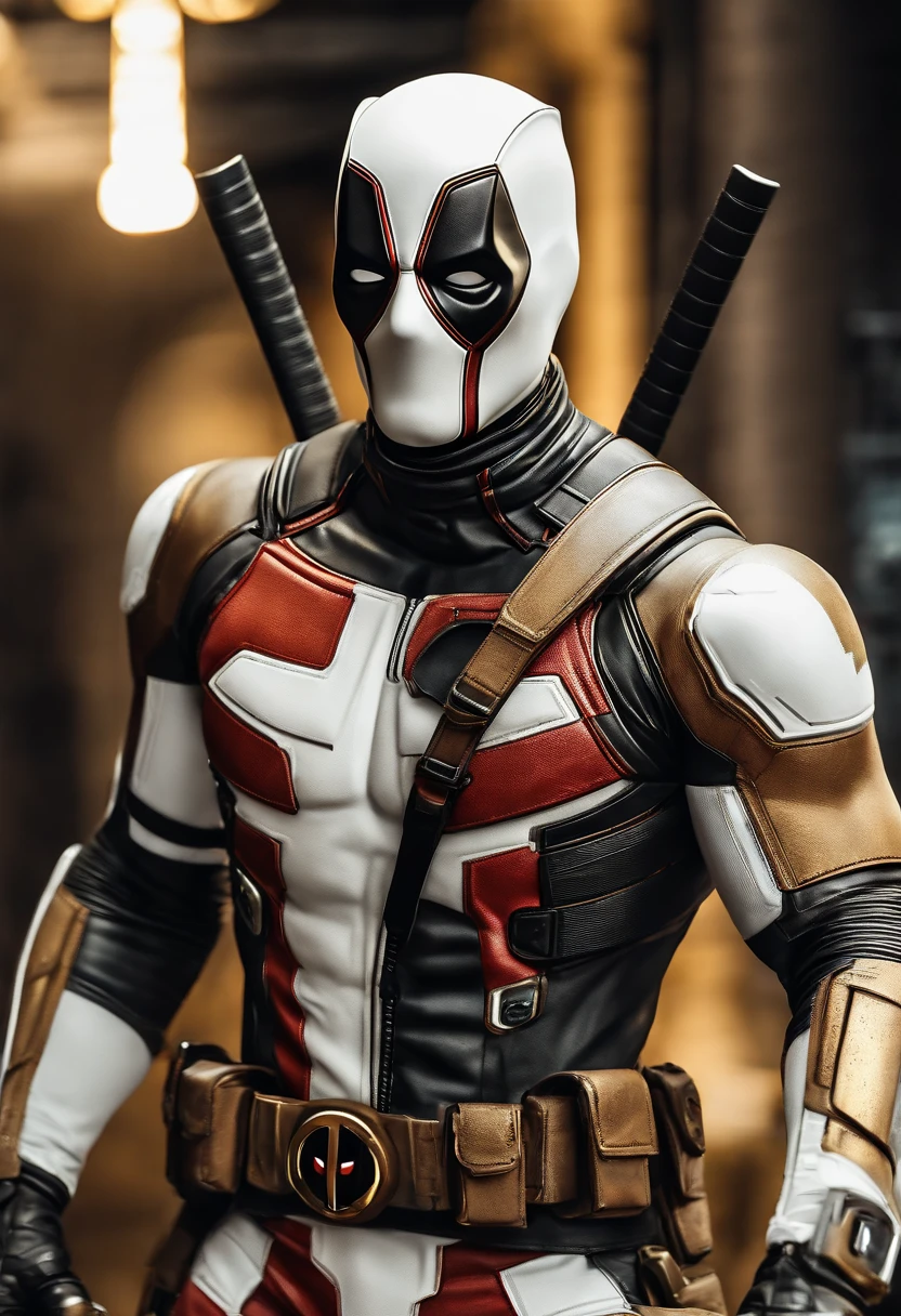 A deadpool, real white and gold color with titanium cybernetic suit, detalhado, designe perfeito, alta qualidade arestas perfeitas e simmetricas ::n_desenho de estilo, low quality defect, boneco, game, anime