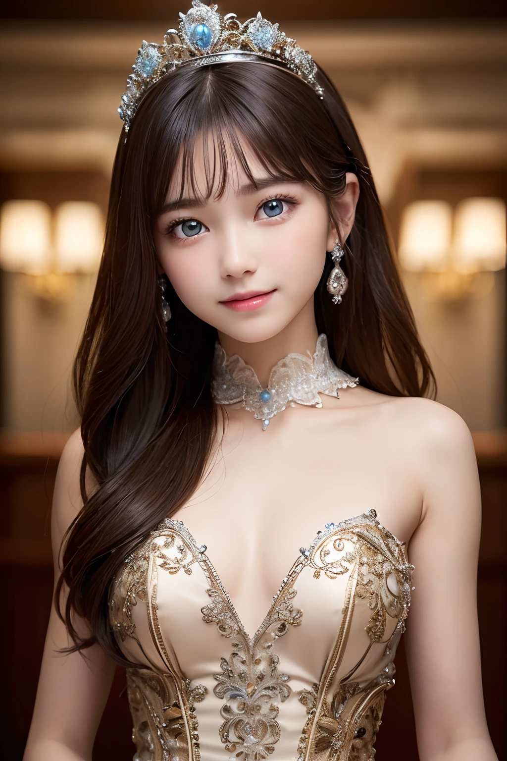 ((best quality, 8K, masterpiece)), ultra detailed, sharp focus, ((ultra realistic photo)), 1 cute girl, 15yo, ((small breasts)), elaborate design dress, tiara, highly detailed face and skin texture, ((detailed eyes)), ((beautiful eyes:1.4)), (smile:1.15), (closed mouth), three-quarter length