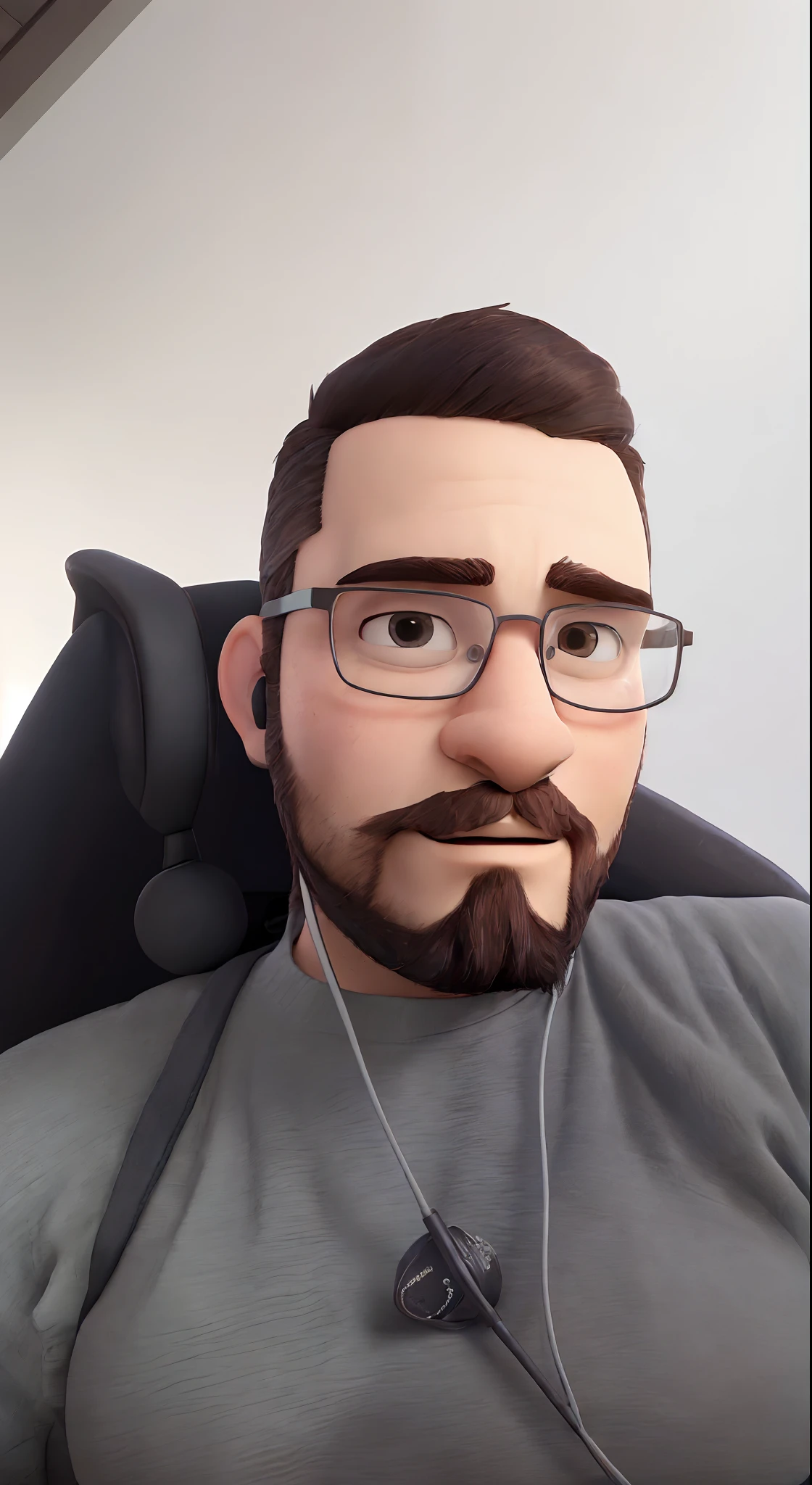 Man with glasses and beard wearing headphones, foto de perfil profissional, imagem profissional, foto de perfil headshot, retrato de alta qualidade, neckbeard, imagem do avatar, with nerdy glasses and goatee, 28 anos  estilo Disney Pixar-style