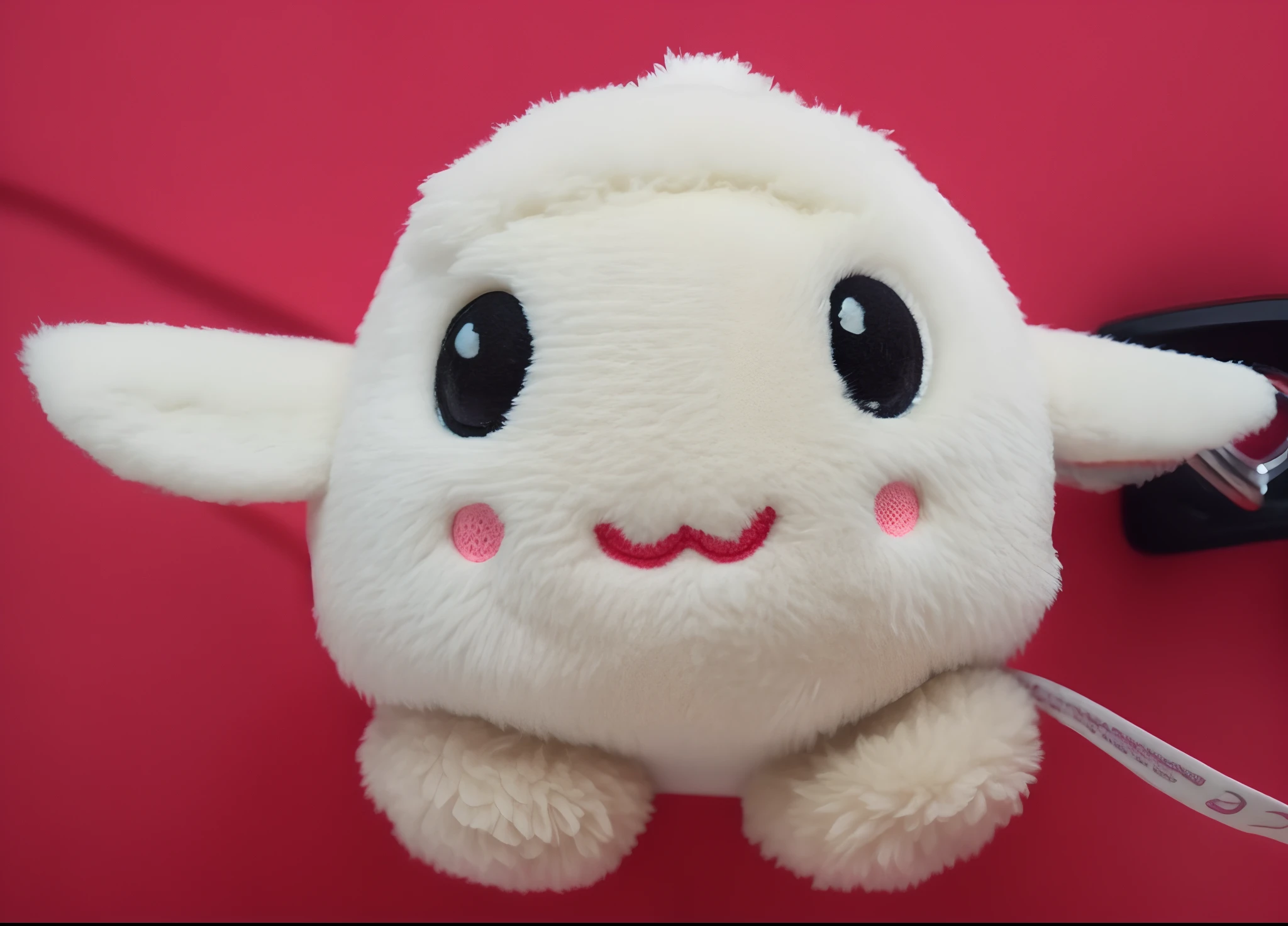 There's a stuffed animal that's on a red surface, stuffed toy, peluche, plush doll, plushie, cute smoke chibi plush imp, plush mascot, coronavirus as a stuffed toy, brinquedo bonito, fumo plush, Plushy, axolote bonito, macio, mas rabugento, Mimikyu, plushie photography, poser