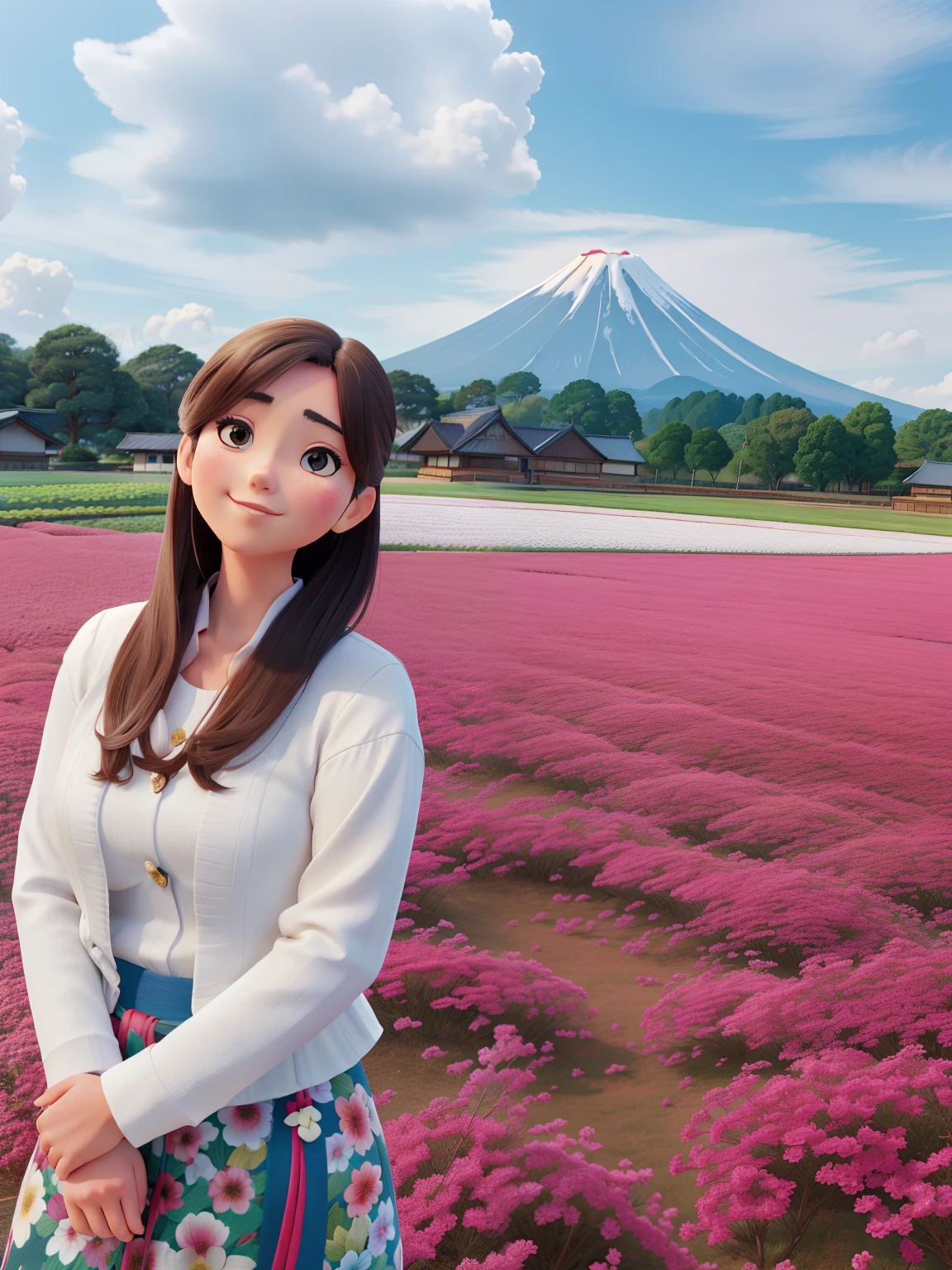 Linda japonesa e ao fundo um quintal de flores rosas com o monte fuji ao fundo