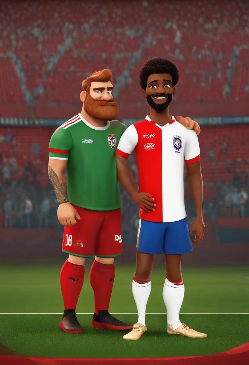 criar dois personagens estilo pixar, um adulto de 36 anos, 1,90 de altura, cabelos e olhos castanhos, pele clara, skinny and with a beard on his face and a 12-year-old child, 1,50 de altura, olhos verdes, cabelos loiro escuro e pele clara. The two characters are dressed in the shirt of the São Paulo football club and the two characters are at the Morumbi football stadium celebrating.
