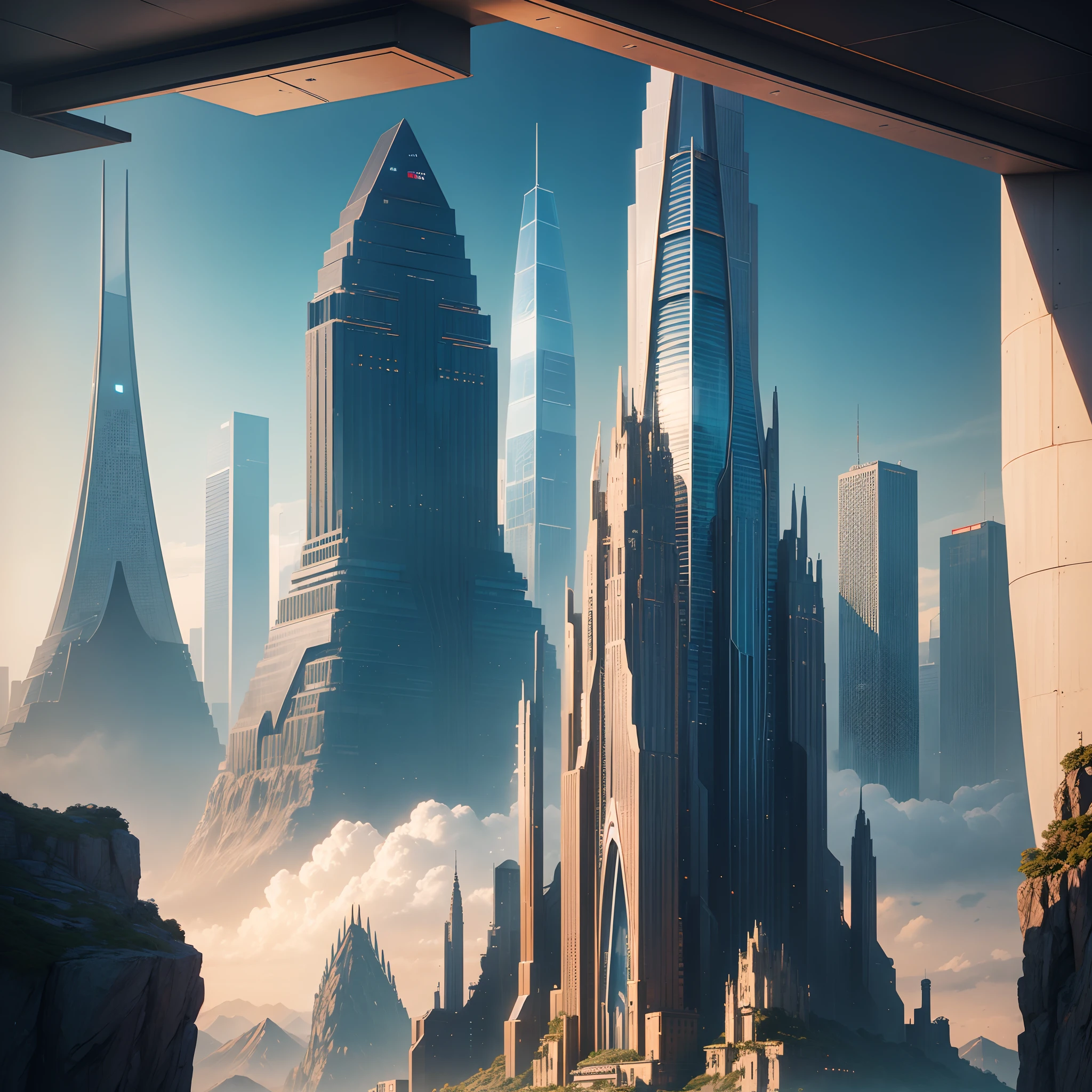 Huge mountain，Skyscrapers，​masterpiece，cyberpunked，50 times the height of the building，超A high resolution，planet earth，Best Quality，The skyline of the future，epcot，A building far beyond the imagination of mankind，ＳＦart by，Megacities