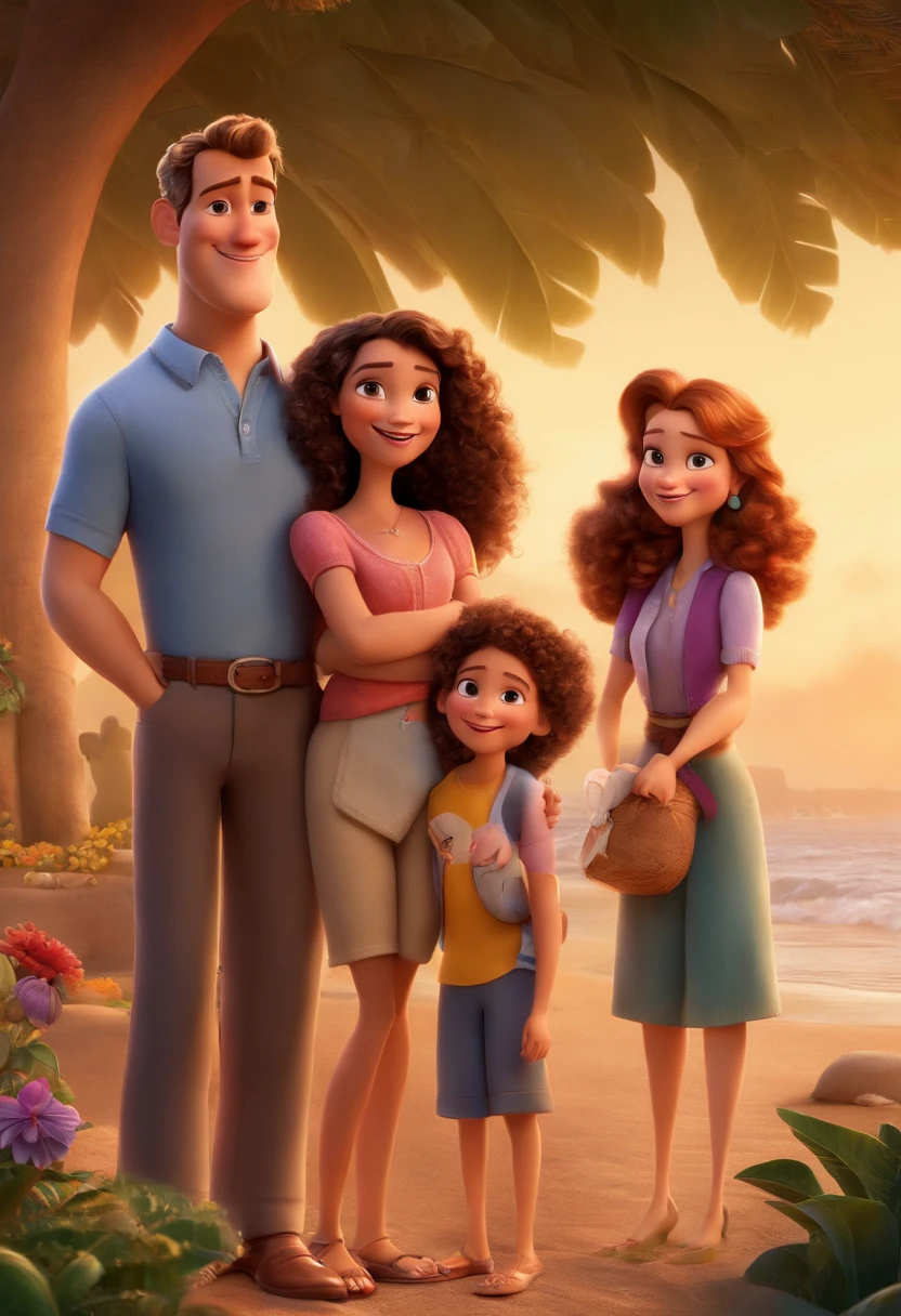 a poster from the Disney Pixar movie showing a family with 3 white-skinned people. The father is the tallest, cabelos curtos e castanho. Mom has curly brown eyes and hair, shoulder-length and is slightly overweight. A menina tem 2 meses. The background is a beach garden. 3D-rendering
