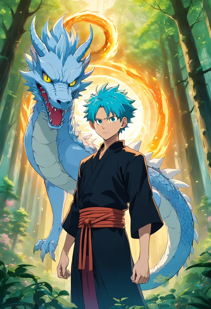 "Generate an intricate and visually captivating illustration of a male character from the 'Jujutsu Kaisen' anime series. The character should have sleek, jet-black hair adorned with striking, electric-blue hair lines, his mesmerizing green eyes exuding an air of mystique. He is dressed in a sleek, all-black attire that conveys a sense of power and enigma.
The character is situated in a lush, mysterious forest with towering trees and vibrant, otherworldly flowers that emit an ethereal glow. In the background, a majestic, white dragon looms, surrounded by an aura of ancient wisdom and magic. The sky above is bathed in golden sunlight, with fluffy, cotton-like clouds adding depth and contrast to the scene.
The overall composition should exude a sense of intrigue and wonder, capturing the essence of 'Jujutsu Kaisen' and the character's enigmatic nature."