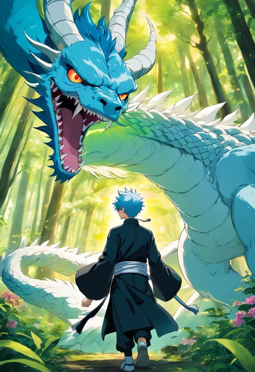 "Generate an intricate and visually captivating illustration of a male character from the 'Jujutsu Kaisen' anime series. The character should have sleek, jet-black hair adorned with striking, electric-blue hair lines, his mesmerizing green eyes exuding an air of mystique. He is dressed in a sleek, all-black attire that conveys a sense of power and enigma.
The character is situated in a lush, mysterious forest with towering trees and vibrant, otherworldly flowers that emit an ethereal glow. In the background, a majestic, white dragon looms, surrounded by an aura of ancient wisdom and magic. The sky above is bathed in golden sunlight, with fluffy, cotton-like clouds adding depth and contrast to the scene.
The overall composition should exude a sense of intrigue and wonder, capturing the essence of 'Jujutsu Kaisen' and the character's enigmatic nature."