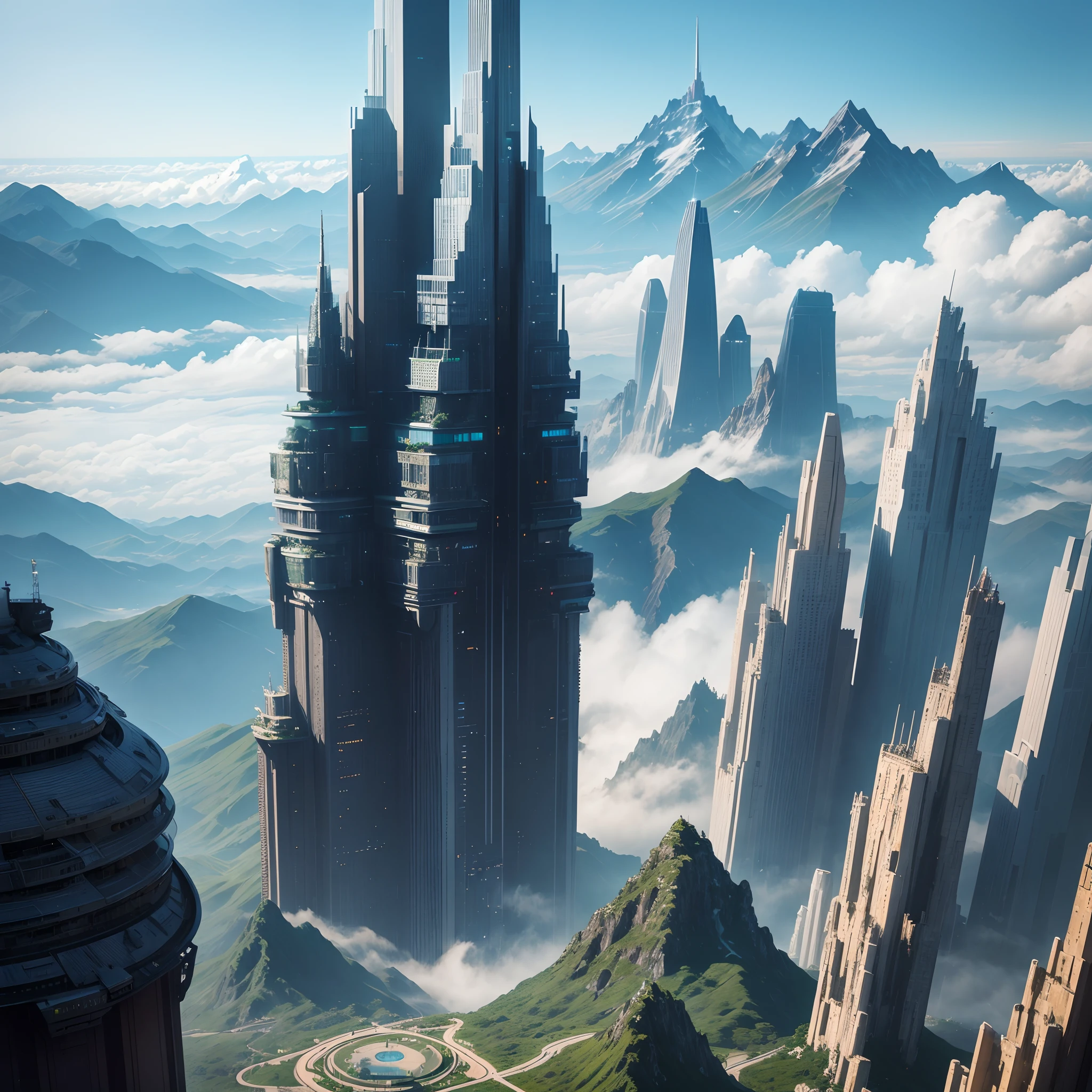 Huge mountain,Skyscrapers,masterpiece,cyberpunked,50 times the height of the building,超A high resolution,planet earth,Best Quality,The skyline of the future,huge waterfall,Huge bridge,epcot,A building far beyond the imagination of mankind,SFart by,Megacities