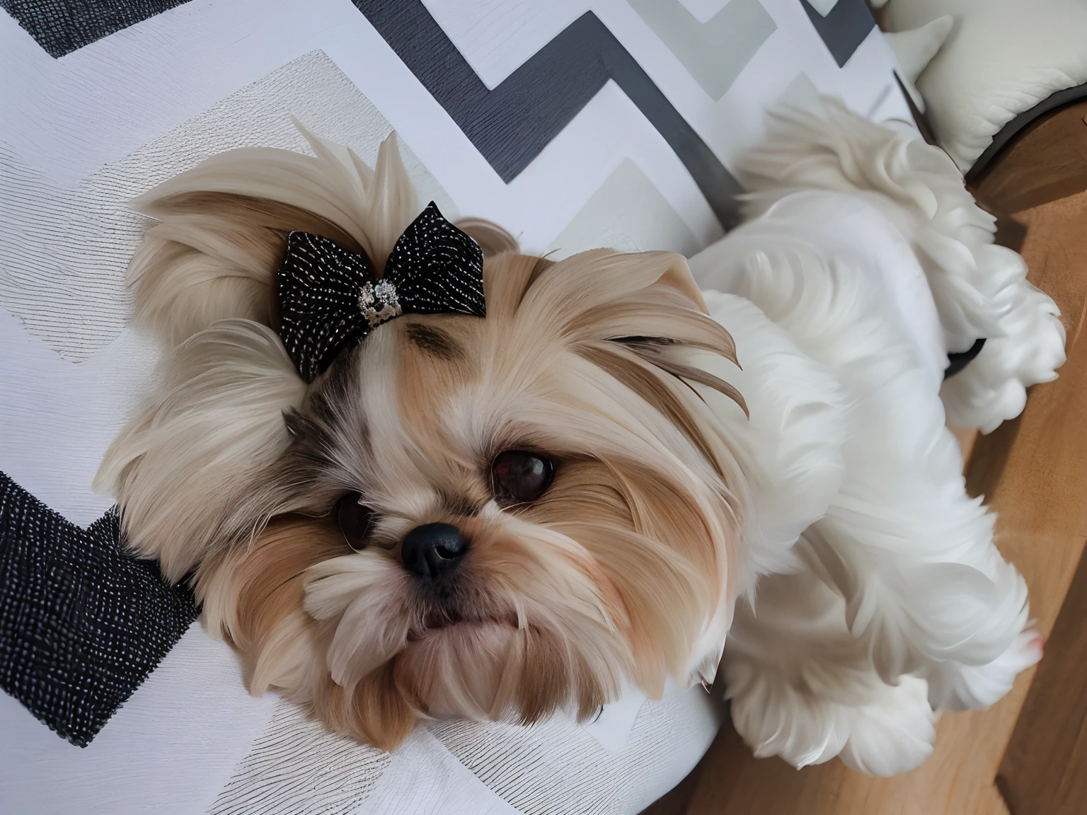 There's a small dog with a noose on its head, Shih Tzu, Bowknot, wearing hair bow, olhando para o lado, olhando de lado, bonito, Miko, Dog cute, deitada de costas, she is laying on her back, Arcos, fazendo uma pose elegante, ela tem um rosto bonito, olhar severo, 2 anos