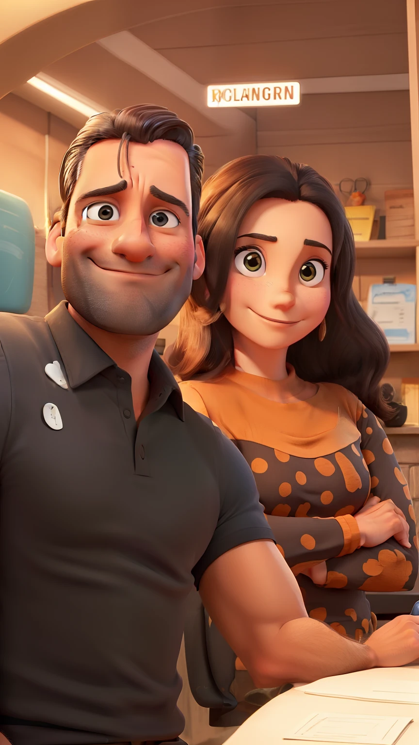 Jon Hamm, Cartoons in orange shirt and black pants, arms crossed, olhando para frente e sorrindo com os dentes aparecendo;