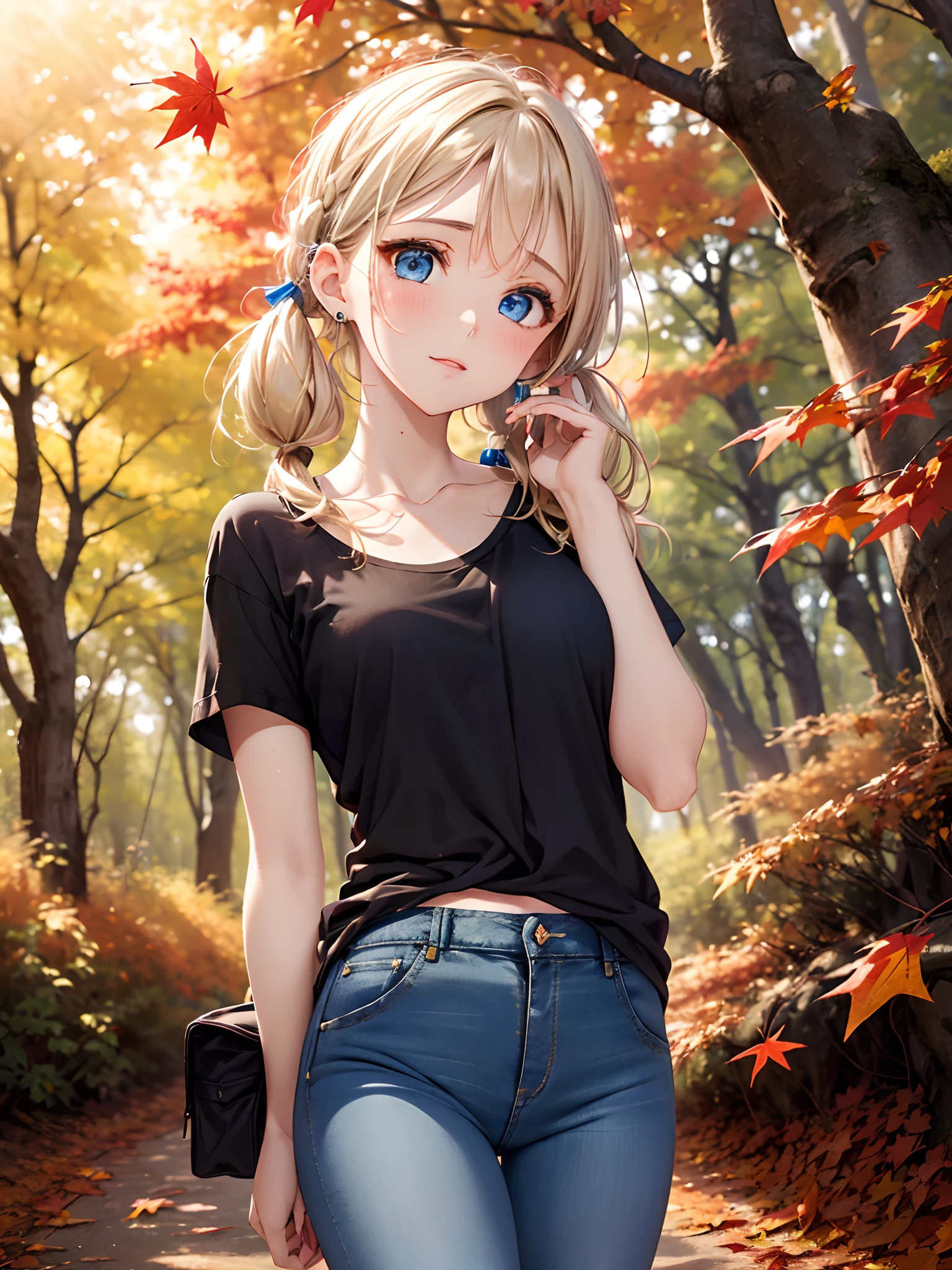 absurderes, ultra-detailliert,bright colour, (1girl in:1.7),(A forest with very beautiful autumn leaves:1.5),extremely beautiful detailed anime face and eyes,(happy smail:1.4),asymmetrical bangs, (Blonde hair with short twin tails:1.3), Shiny hair, (Looking at Viewer),(From Side:1.3),Blue_skyporn, built, cliff, ​​clouds, cloudy_skyporn, tag, the woods, Grassy,jungles, lake, lens_f lare, light_Rays, mont, naturey, plein air, Pines_Tree Road, landscapes, Skysky, suns, Sun'rays, sunlights,The tree, tree_Shade, Eau, (Tight jeans:1.3), (a black T-shirt:1.4), Walking ,(Deep Blue Eyes:1.3),depth of fields, Delicate beautiful face, red blush、White skin, hair clips, earrings,