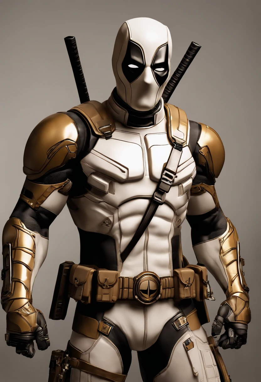 A deadpool, real white and gold color with titanium cybernetic suit, detalhado, designe perfeito, alta qualidade arestas perfeitas e simmetricas ::n_desenho de estilo, low quality defect, boneco, game, anime