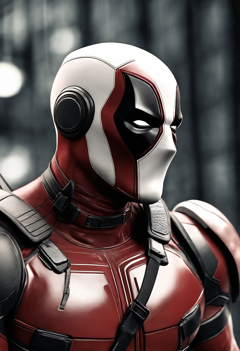 A deadpool, real white and gold color with titanium cybernetic suit, detalhado, designe perfeito, alta qualidade arestas perfeitas e simmetricas ::n_desenho de estilo, low quality defect, boneco, game, anime