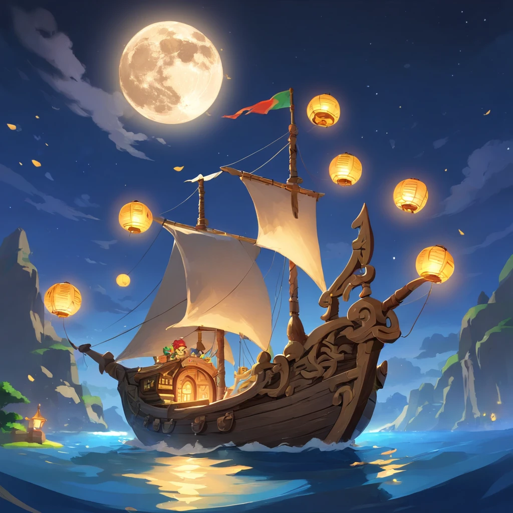 An archaic moon ship,There are lanterns。There is a shed roof,And streamers。