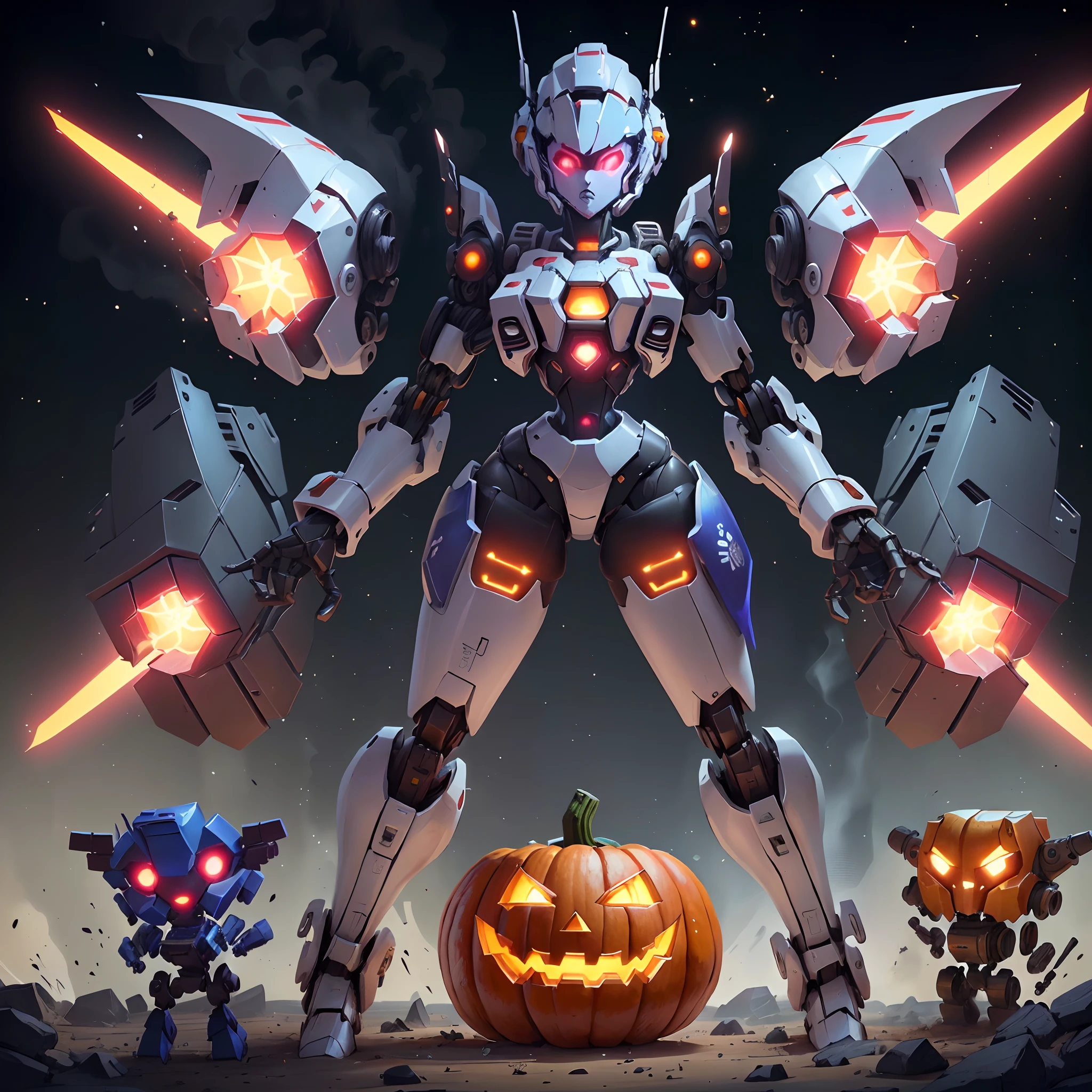 there are a lot of robots that are standing around a pumpkin, beautiful robot character design, girl in mecha cyber armor, female mecha, anime robotic mixed with organic, mecha art, # mecha, ferra white mecha, cool mecha style, mechanized witch girl, mecha, halloween art style, mecha anime, tremendous mecha robot