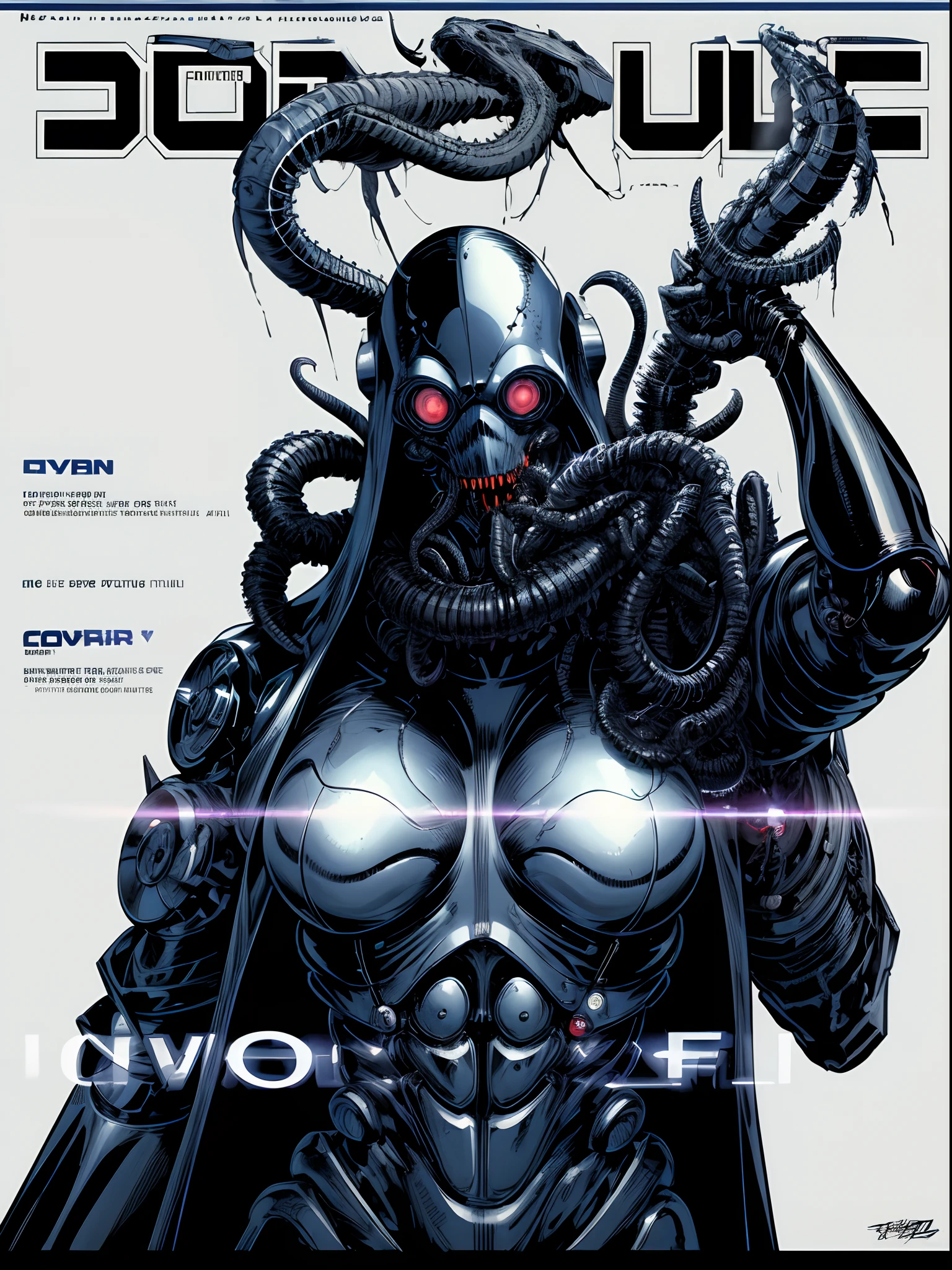 Super cyborg, magazine cover, poster art , Lovecraftian horror genre, hint of navy, bold huge text, matted design layout, inky
