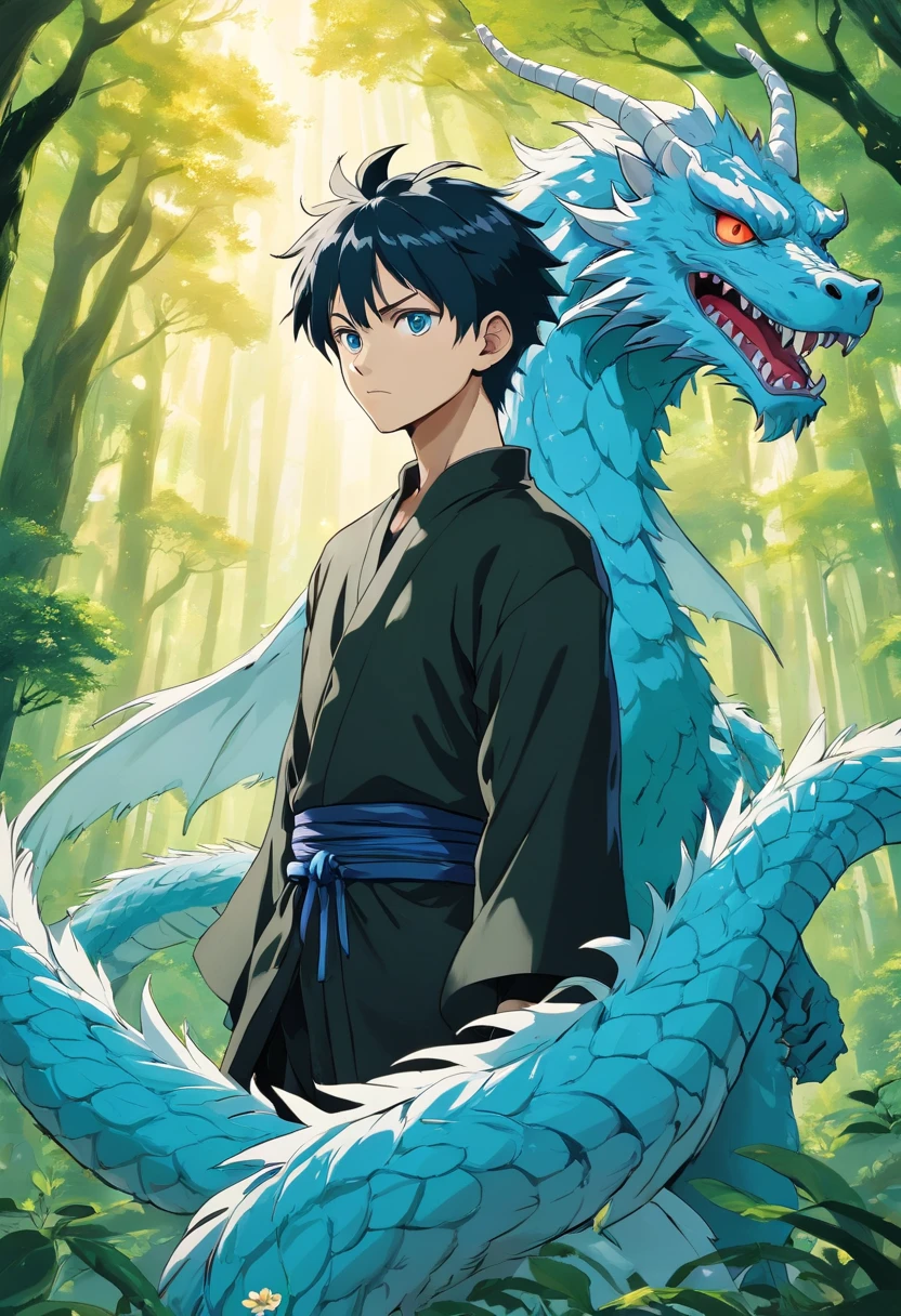 "Generate an intricate and visually captivating illustration of a male character from the 'Jujutsu Kaisen' anime series. The character should have sleek, jet-black hair adorned with striking, electric-blue hair lines, his mesmerizing green eyes exuding an air of mystique. He is dressed in a sleek, all-black attire that conveys a sense of power and enigma.
The character is situated in a lush, mysterious forest with towering trees and vibrant, otherworldly flowers that emit an ethereal glow. In the background, a majestic, white dragon looms, surrounded by an aura of ancient wisdom and magic. The sky above is bathed in golden sunlight, with fluffy, cotton-like clouds adding depth and contrast to the scene.
The overall composition should exude a sense of intrigue and wonder, capturing the essence of 'Jujutsu Kaisen' and the character's enigmatic nature."