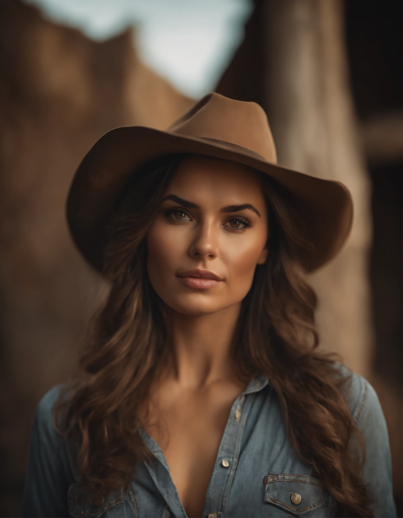 Cinematic portrait, ((Upper body)), Facing the audience, (reality :1.3), most beautiful boobs, A woman looks at the camera, Vintage denim outfits, Western cowboy, Detailed beautiful face, action  shot, (Intricate :1.4), Western background, photograph realistic, In the daytime, CG, art stand